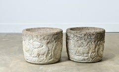 Pair of English Cast Stone Decorated Planters