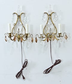 French Pair of 19th Century Brass & Crystal Sconces