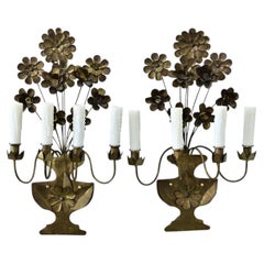 Pair of French Mid Century Metal Floral Sconces