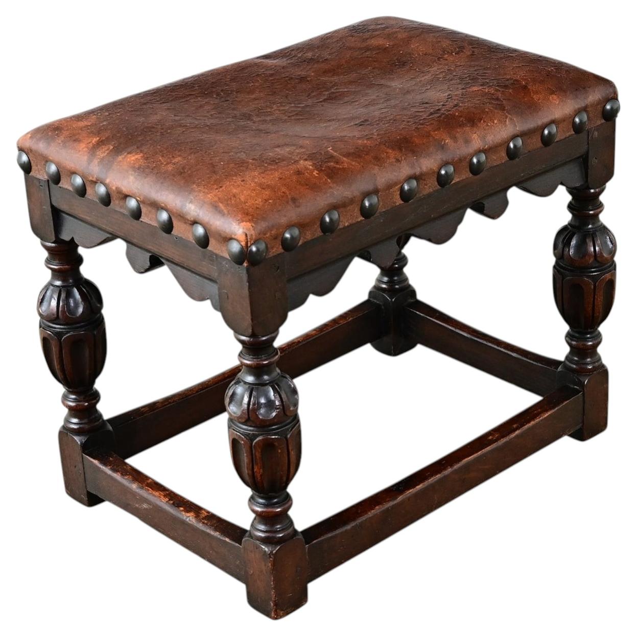 English 18th Century Carved Oak & Leather Top Jacobean Style Stool