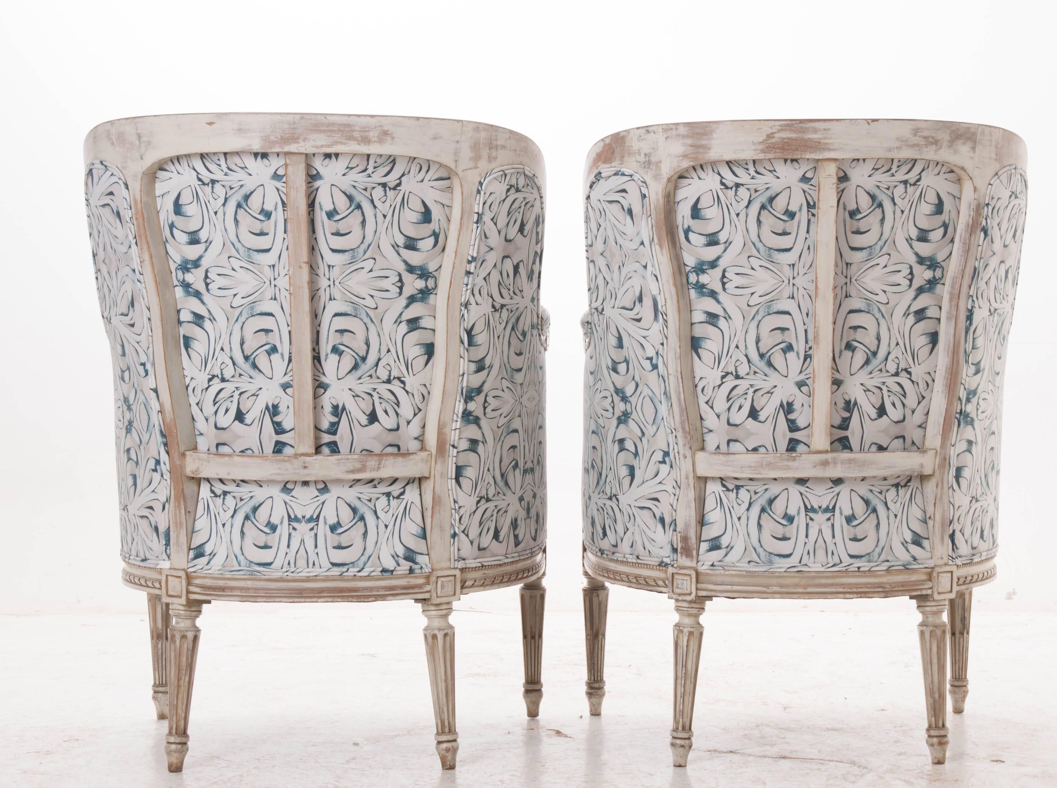 Pair of French 19th Century Louis XVI Bergères Covered in Amanda Talley Fabric 6
