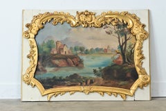 Dipinto paesaggistico francese del XVIII secolo con cornice in legno dorato