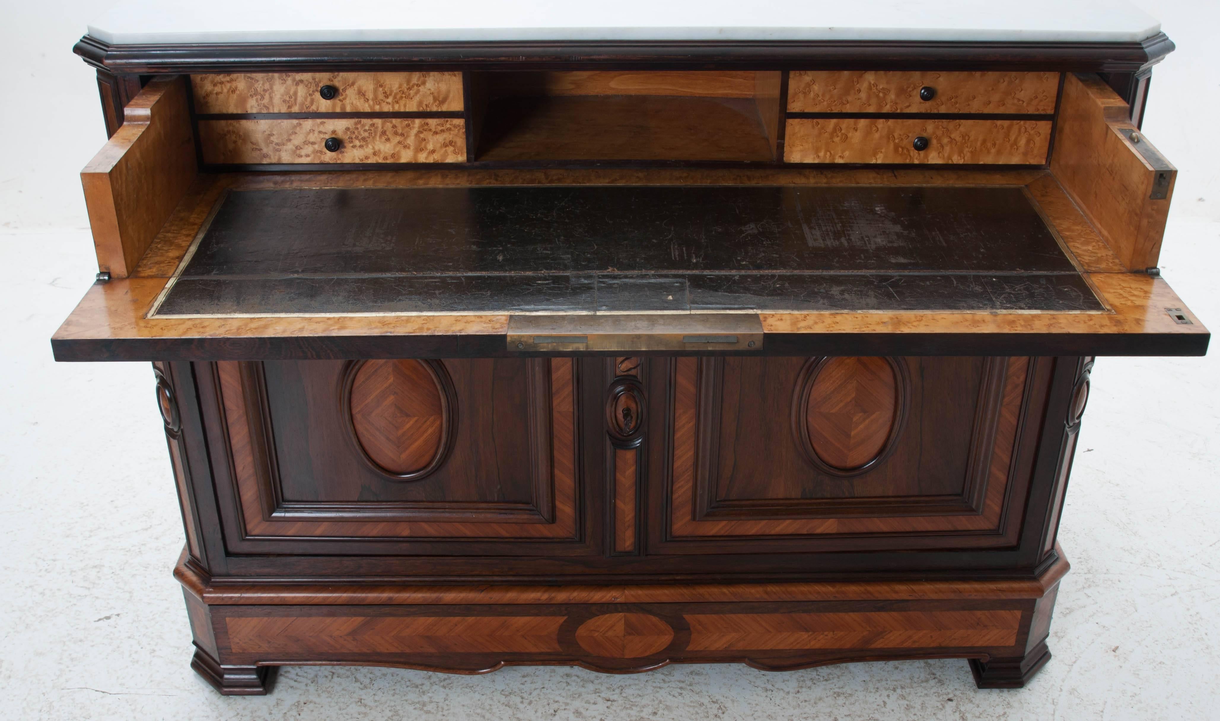 French 19th Century Inlay Drop Front Desk with Marble Top 2