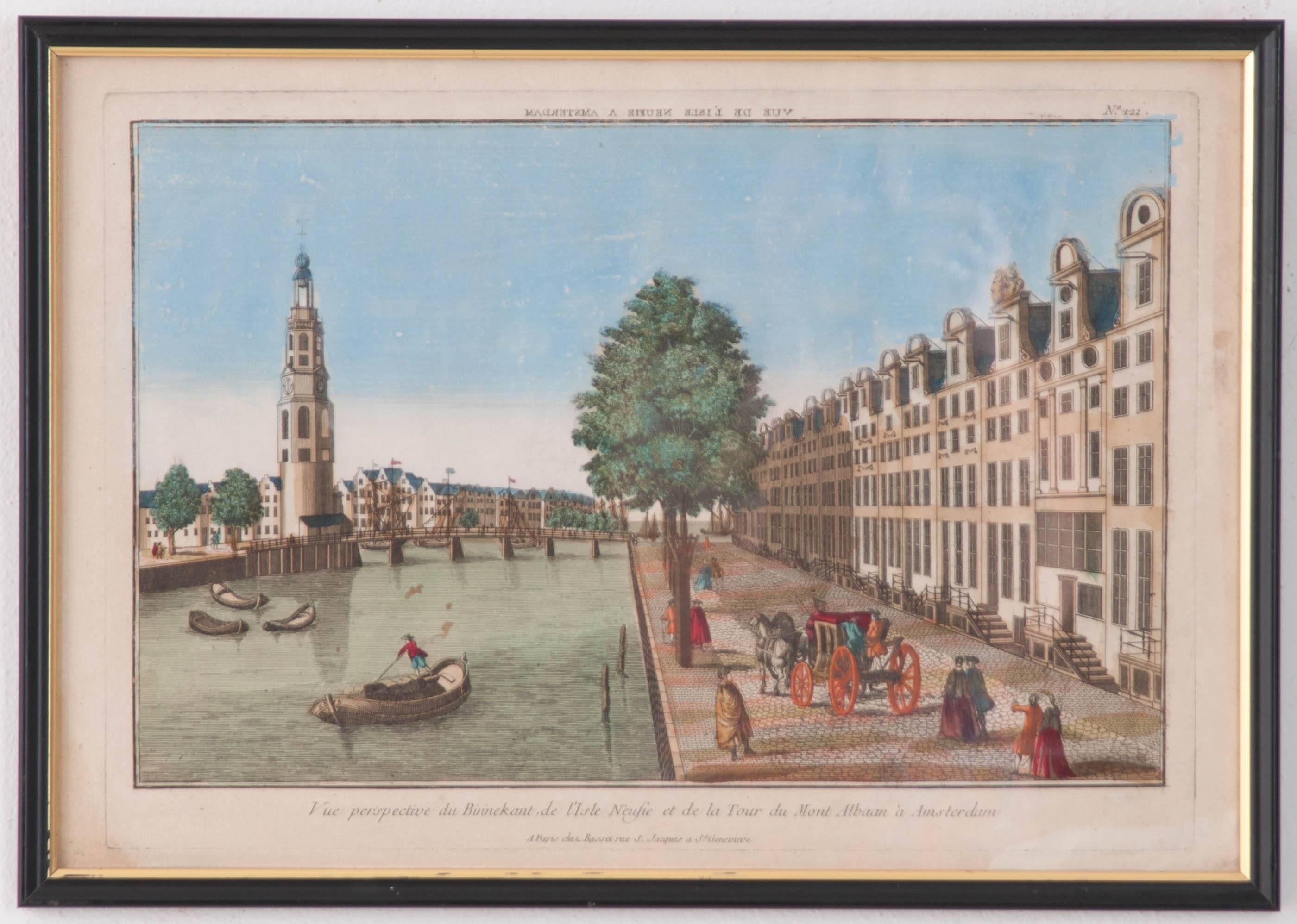 A stunning set of four antique French prints from the late 18th century. Depicting scenes from the interior of Notre Dame, the royal palace at Versailles, the Tower of Mont Albaan and the theater of the magician Circe, wife of Minos, these prints