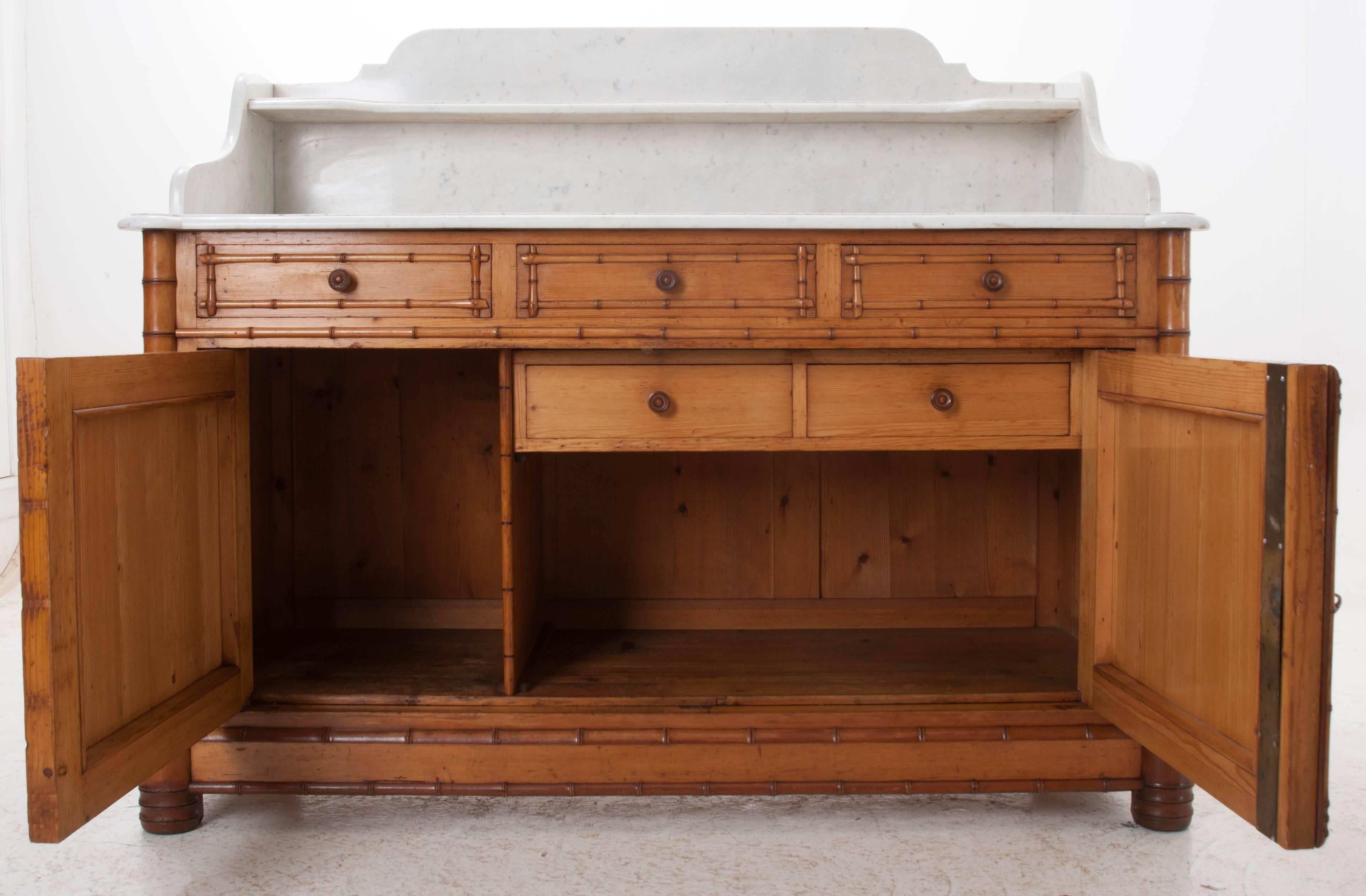 French 19th Century Pine Faux Bamboo Dressing Table with Marble Top and Shelf 4