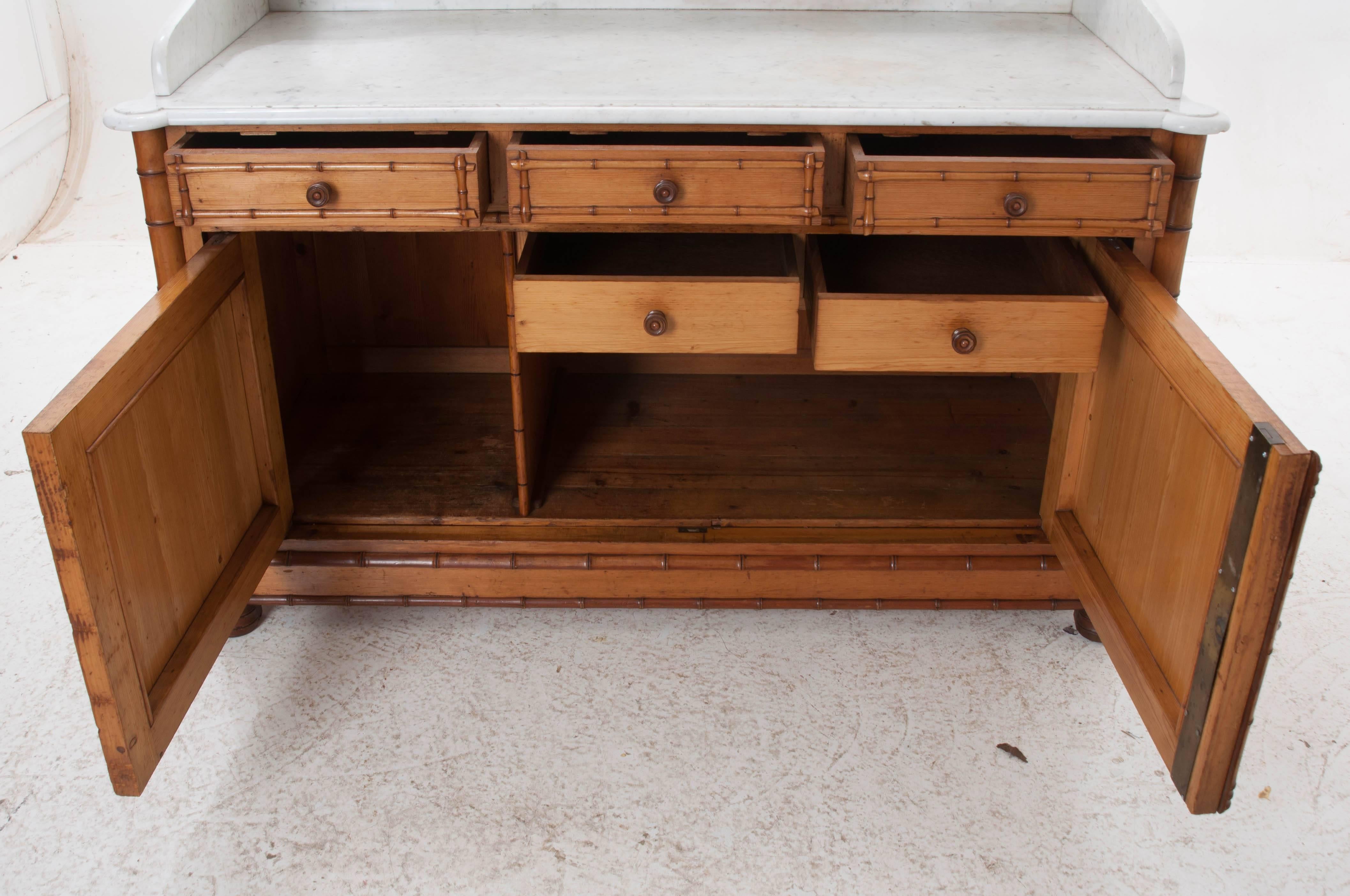 French 19th Century Pine Faux Bamboo Dressing Table with Marble Top and Shelf 5