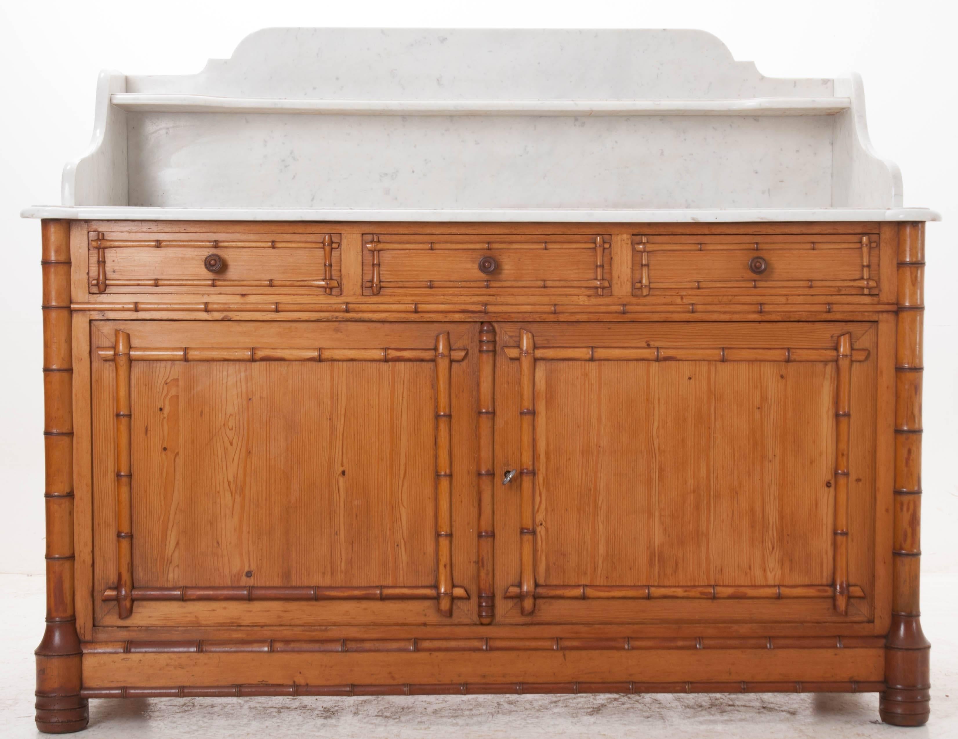 French 19th Century Pine Faux Bamboo Dressing Table with Marble Top and Shelf 6