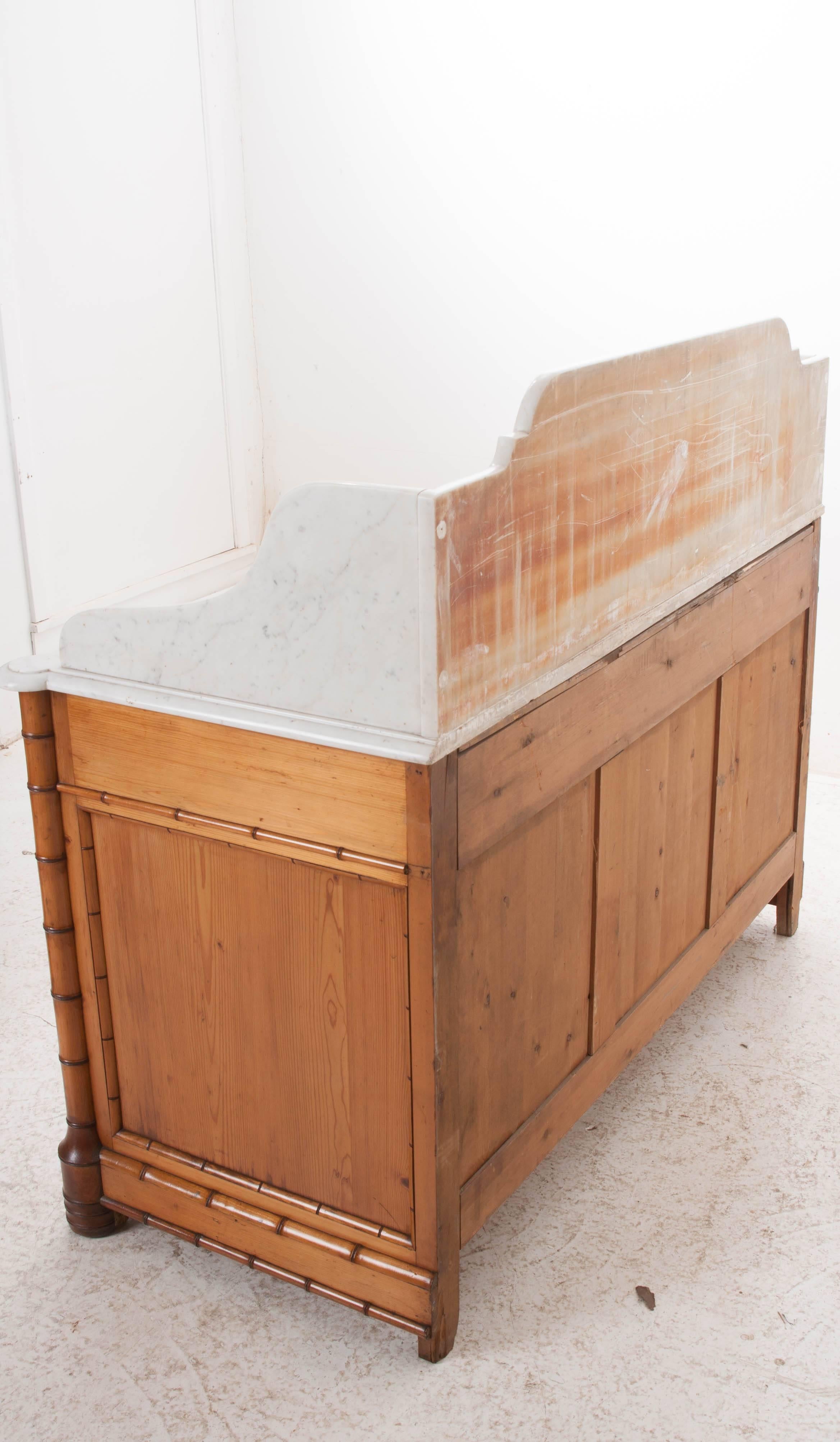 French 19th Century Pine Faux Bamboo Dressing Table with Marble Top and Shelf 7