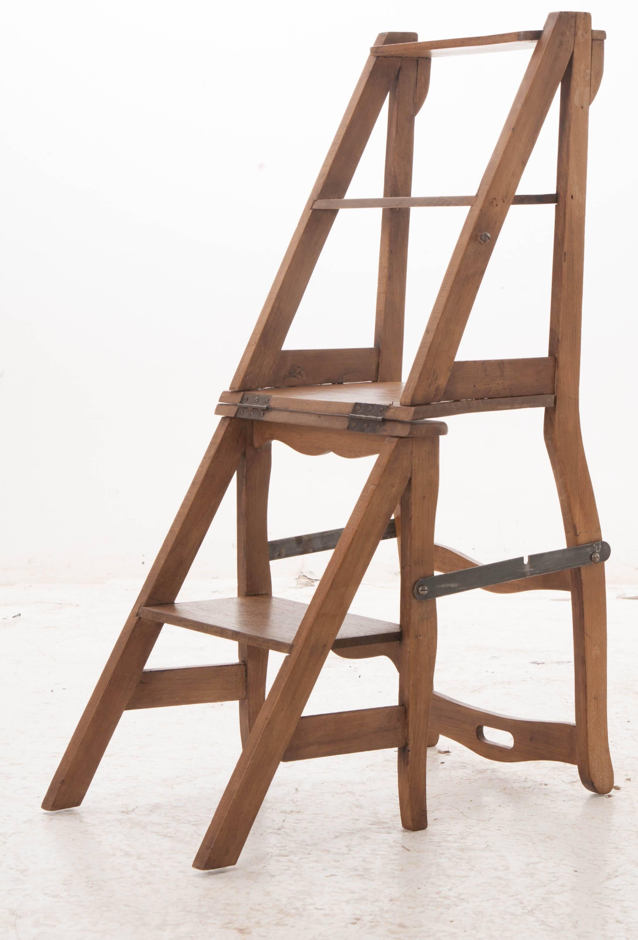 Ingeniously designed, this French oak piece doubles as both a step ladder and a chair. It can be easily configured to fulfill whichever use you have for it. Every inch hides some inconspicuous design element that enables the transformation from