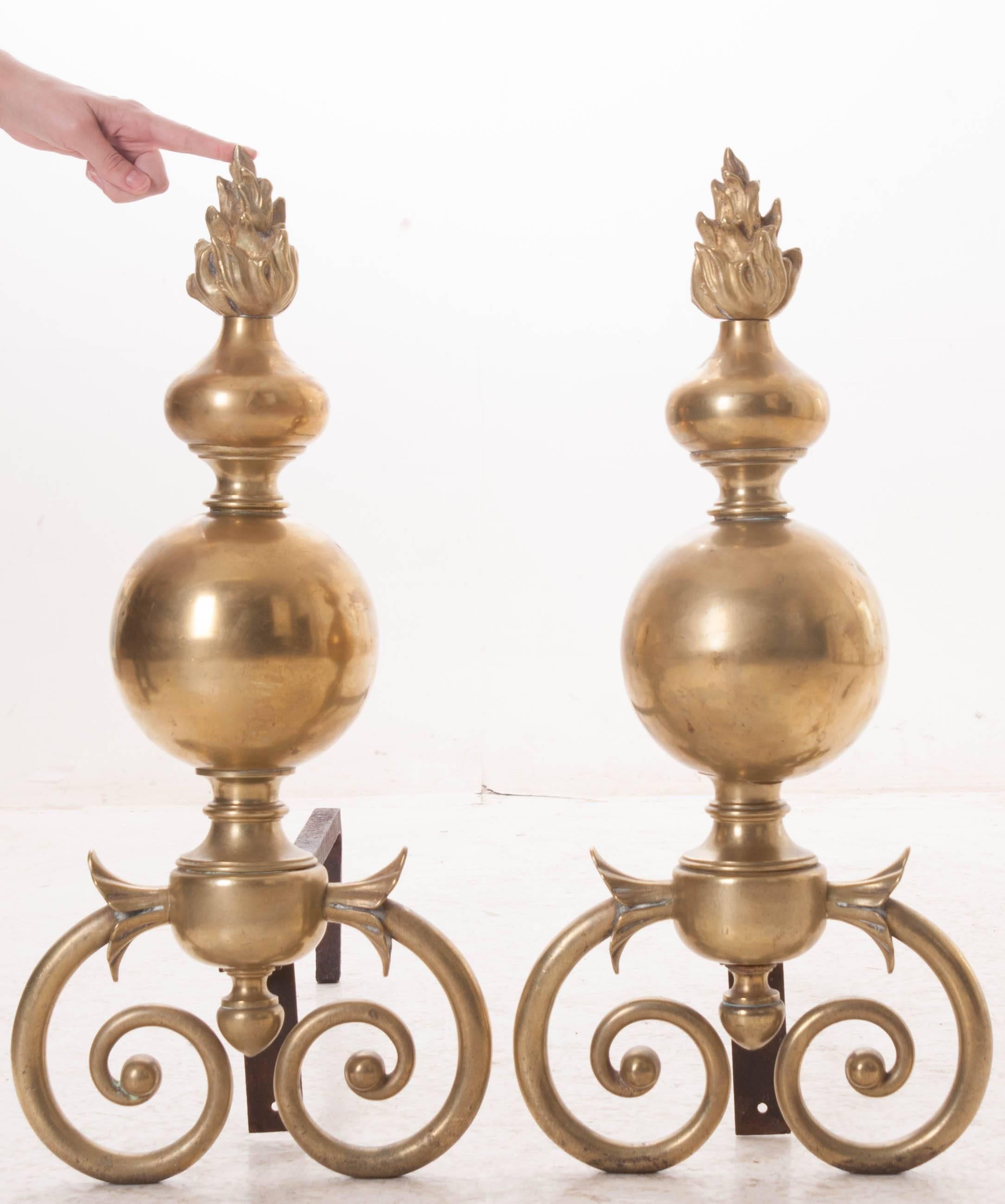 Pair of Large French 18th Century Louis XIV Brass Andirons In Good Condition For Sale In Baton Rouge, LA