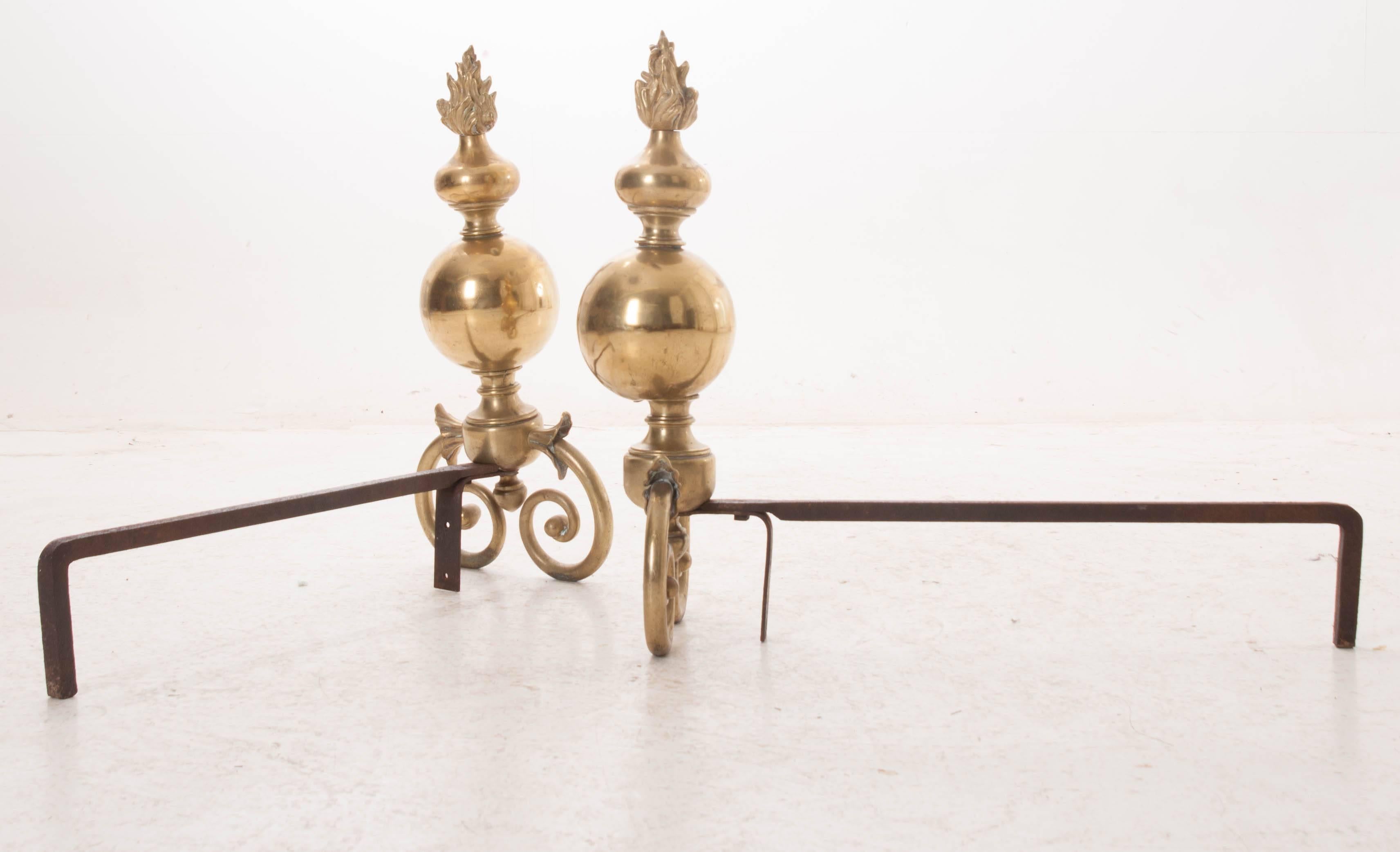 Pair of Large French 18th Century Louis XIV Brass Andirons For Sale 4