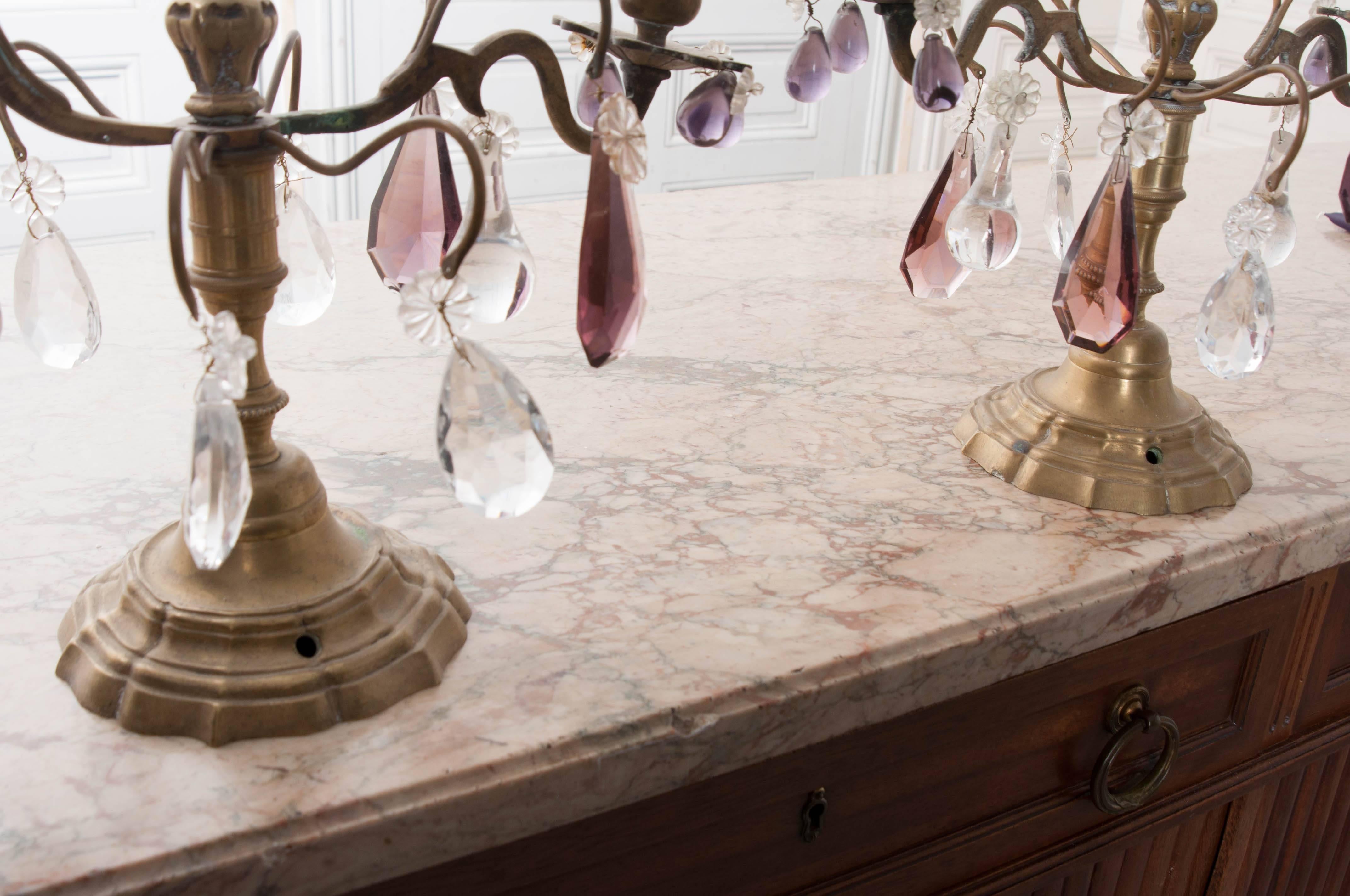 Pair of French 19th Century Brass and Crystal Girandoles 1