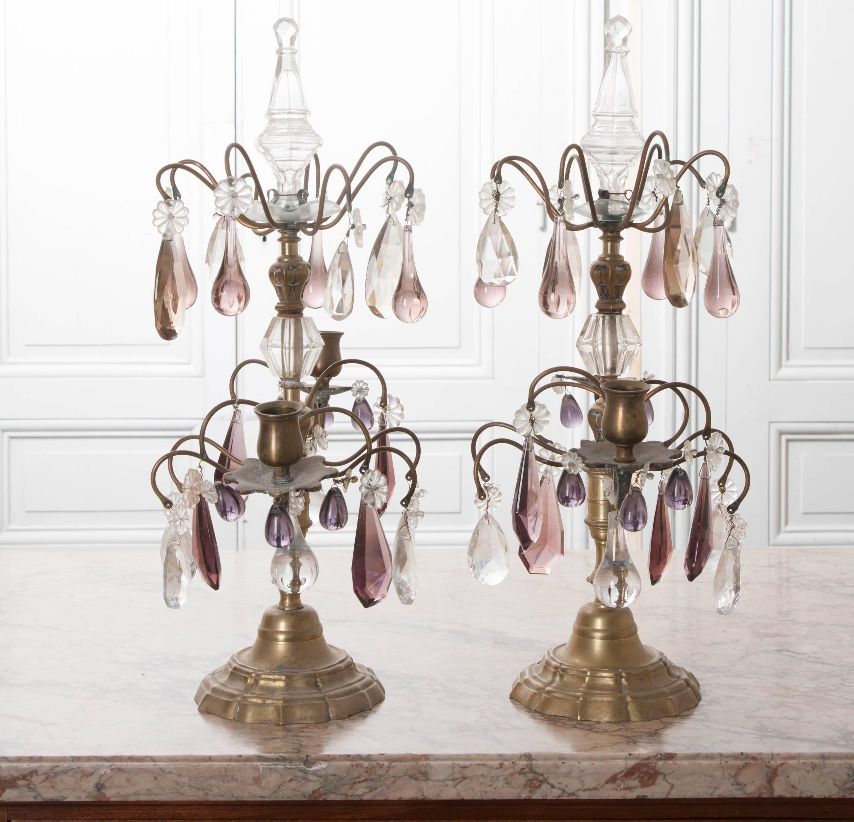Pair of French 19th Century Brass and Crystal Girandoles 4
