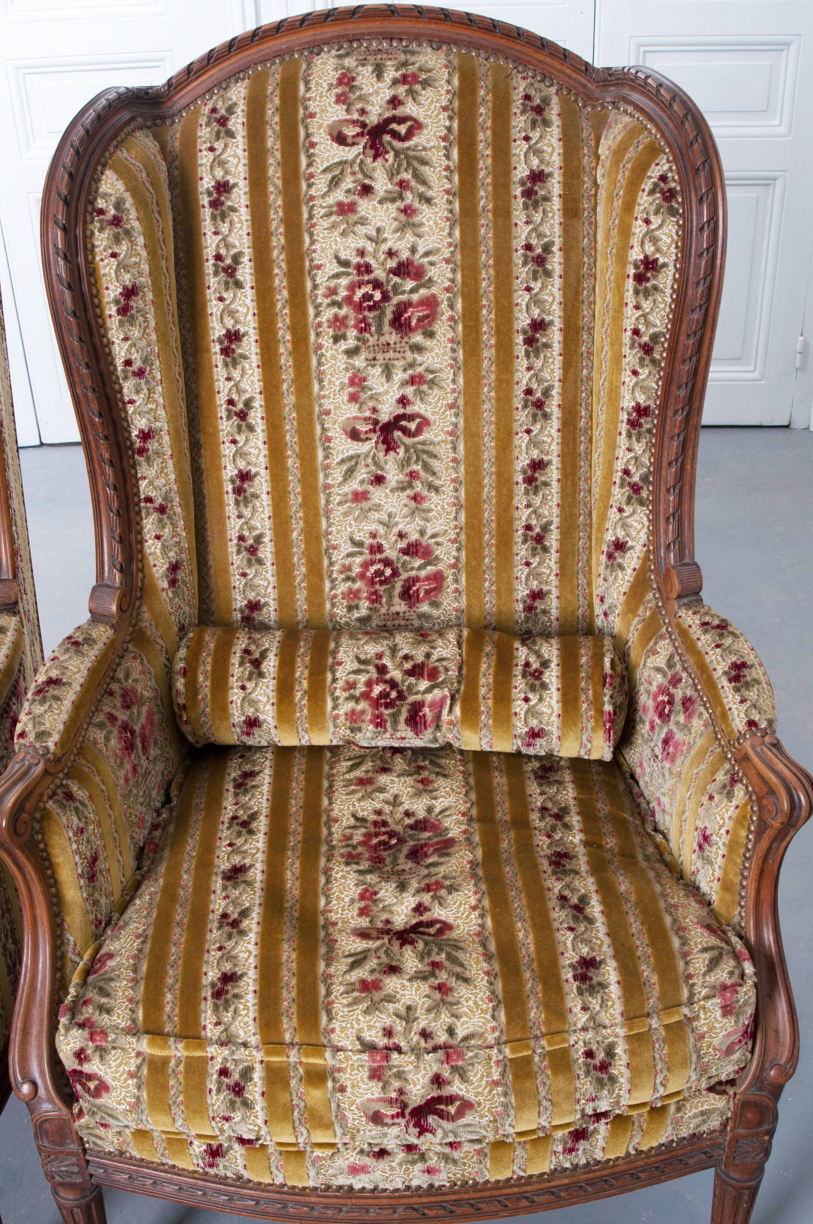 Pair of French 19th Century Walnut Transitional Wingback Bergères 6