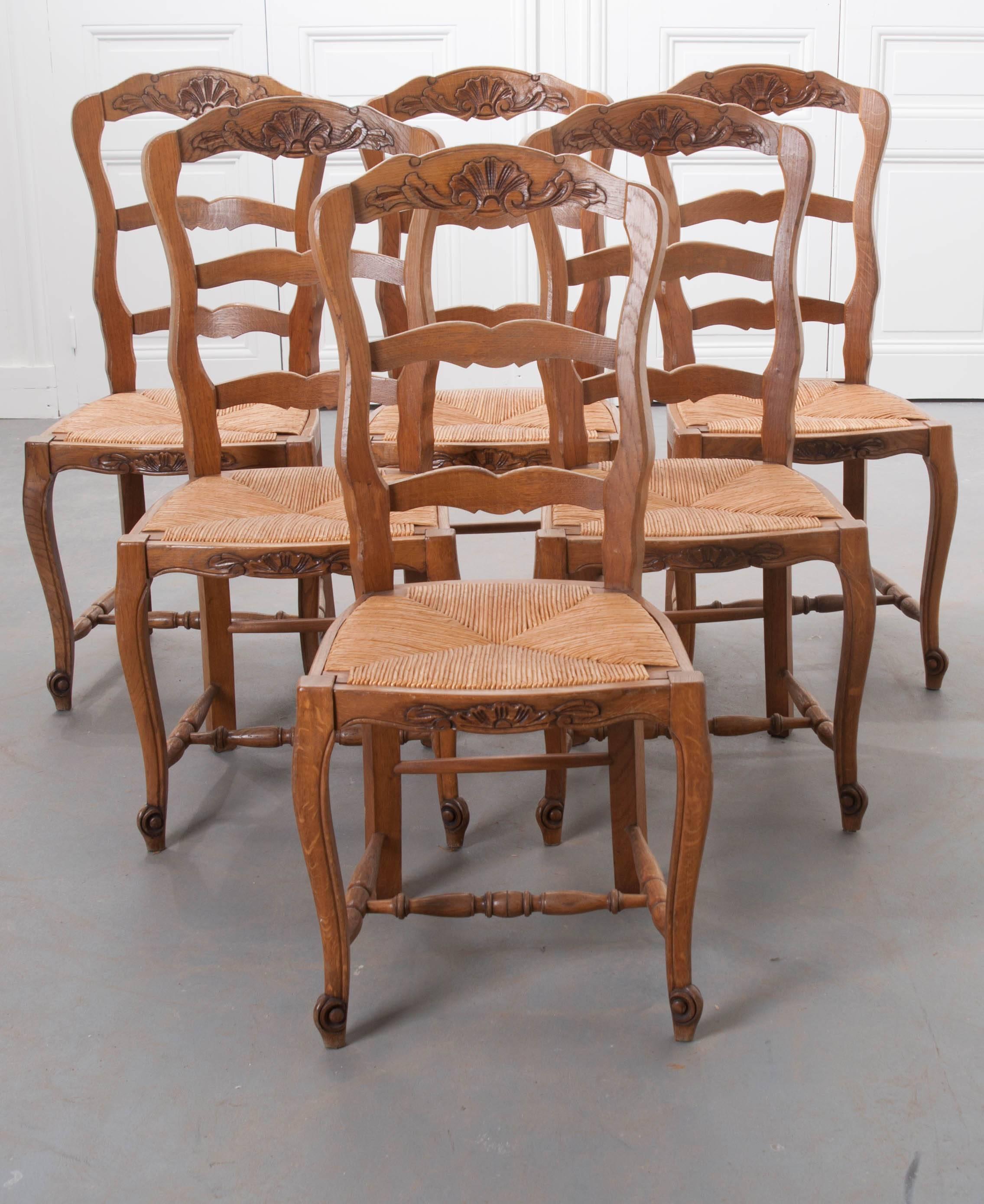 A charming set of six French oak ladder back chairs made in the 1940s. A beautiful carved shell cartouche with foliate accents graces the chairs' top rails. The rush seats have a height of 18