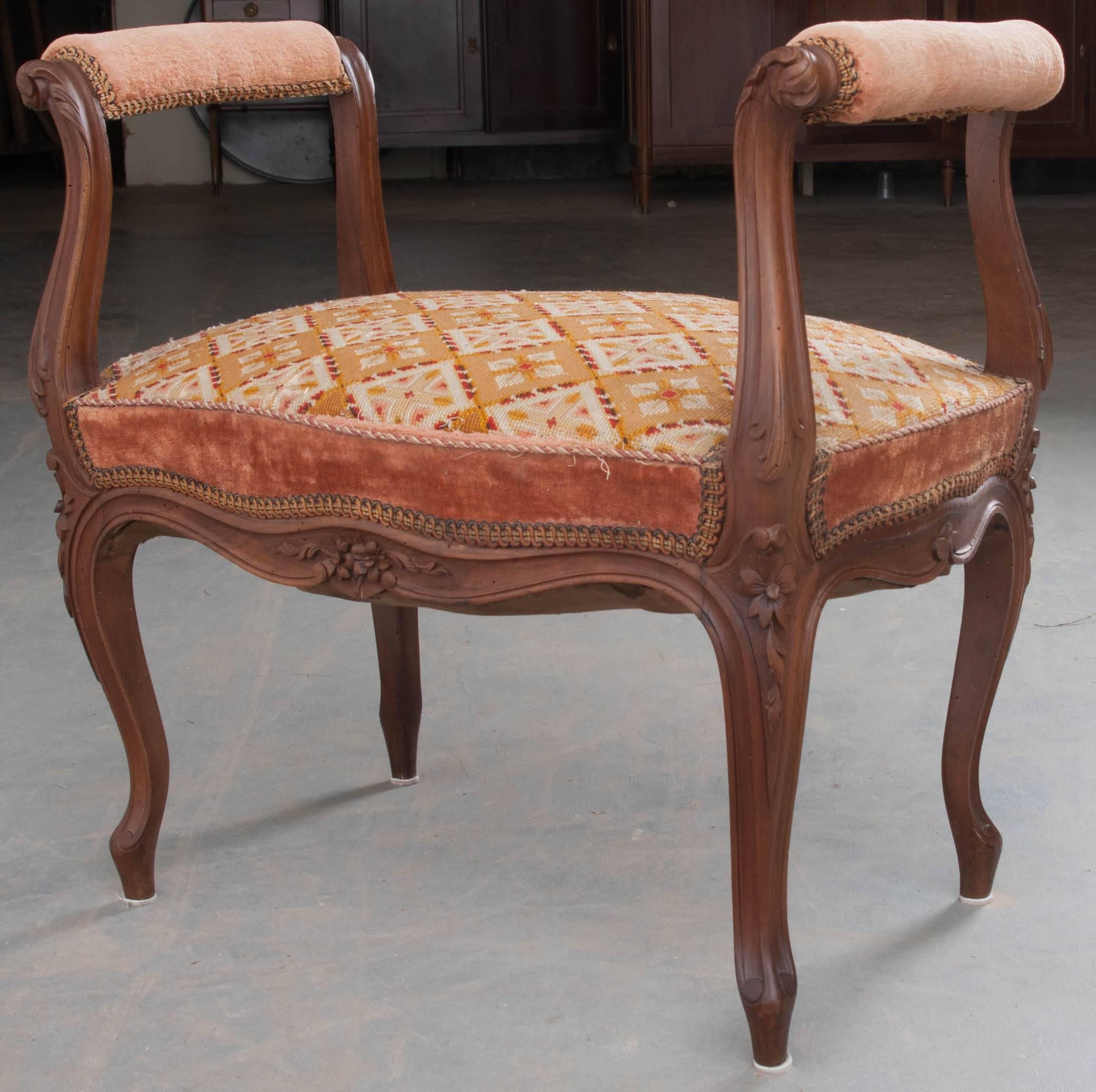 Carved French 19th Century Louis XV-Style Walnut Tapestry Seat