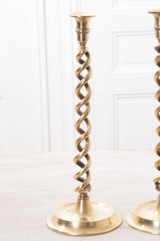 Pair of 19th Century English Open Barley Twist Brass Candlesticks at