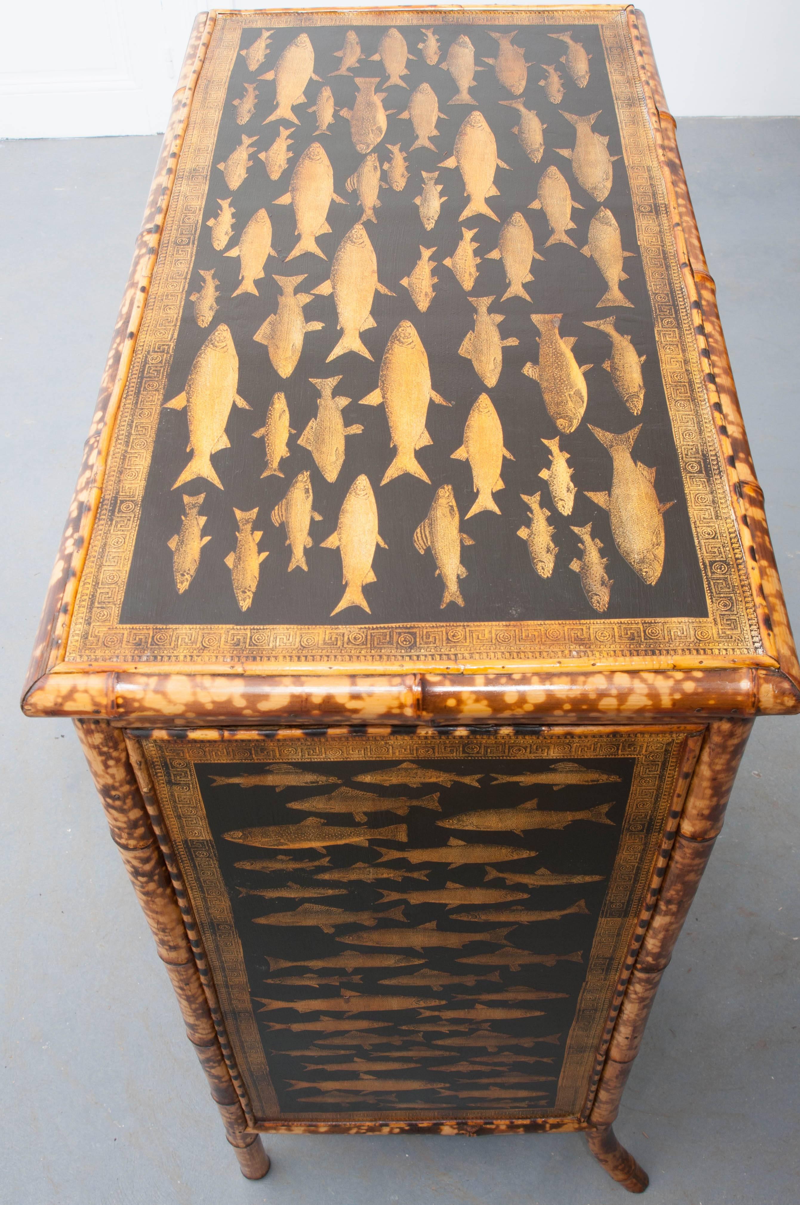 Découpage 19th Century Victorian Decoupage Fish Bamboo Chest of Drawers