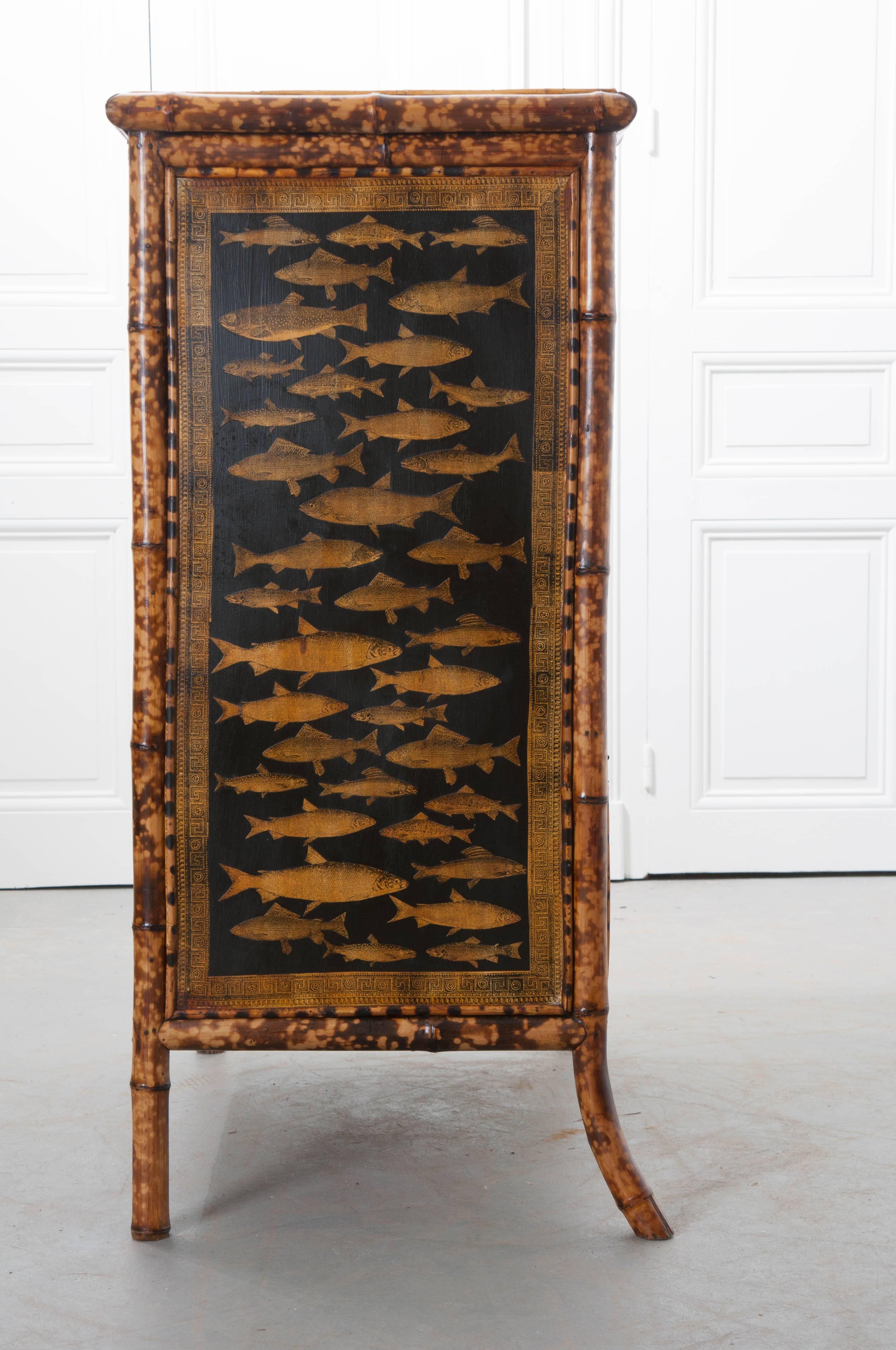 19th Century Victorian Decoupage Fish Bamboo Chest of Drawers In Good Condition In Baton Rouge, LA