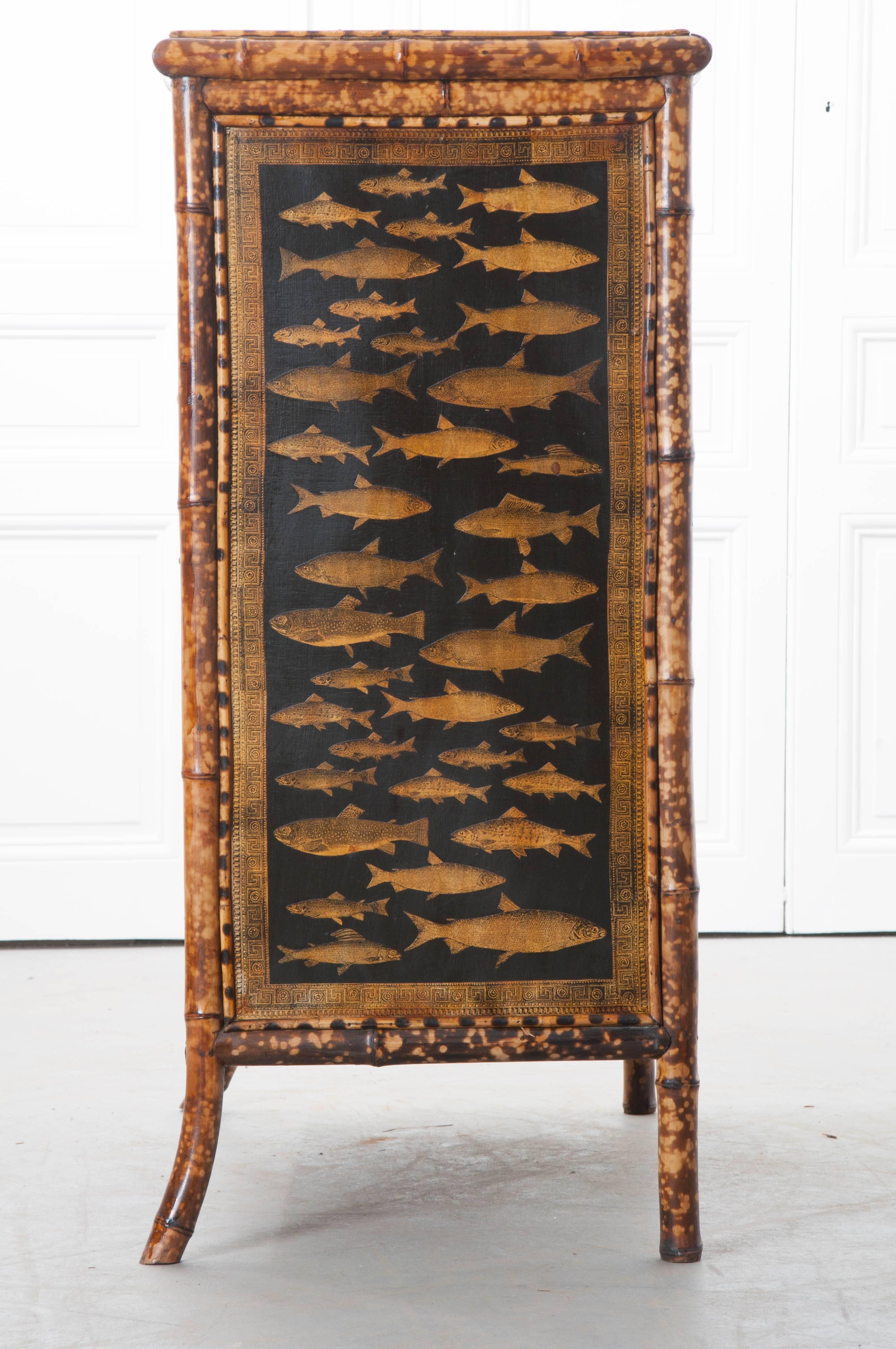 19th Century Victorian Decoupage Fish Bamboo Chest of Drawers 1