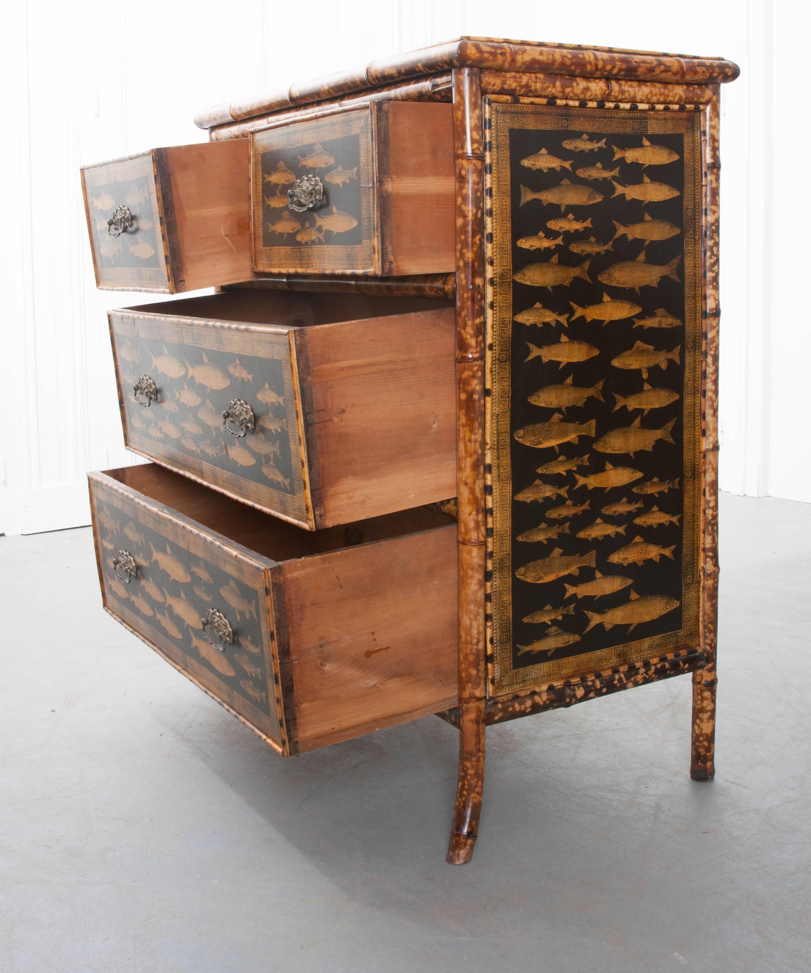 19th Century Victorian Decoupage Fish Bamboo Chest of Drawers 2
