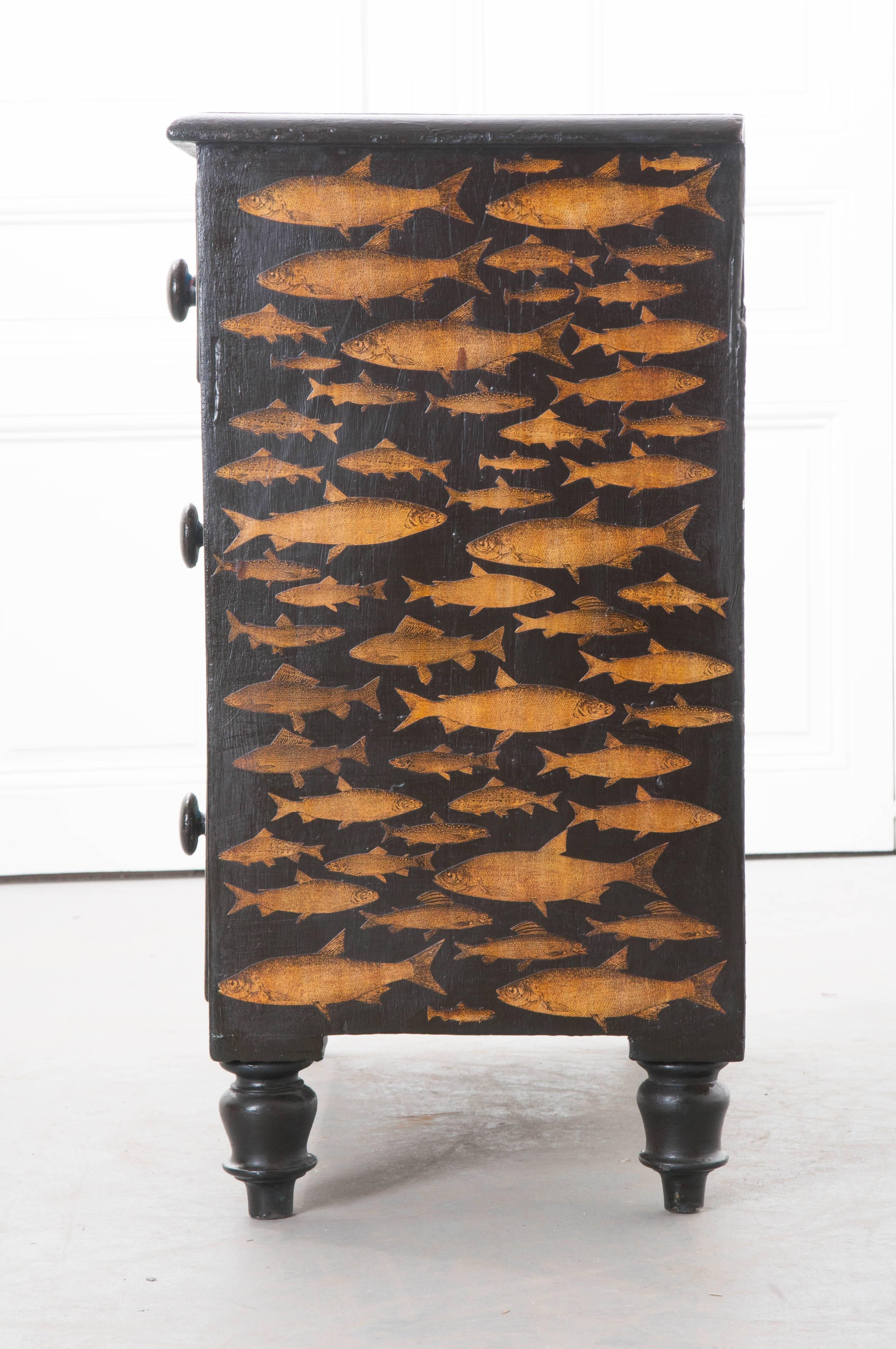 English 19th Century Victorian Decoupage Fish Chest of Drawers