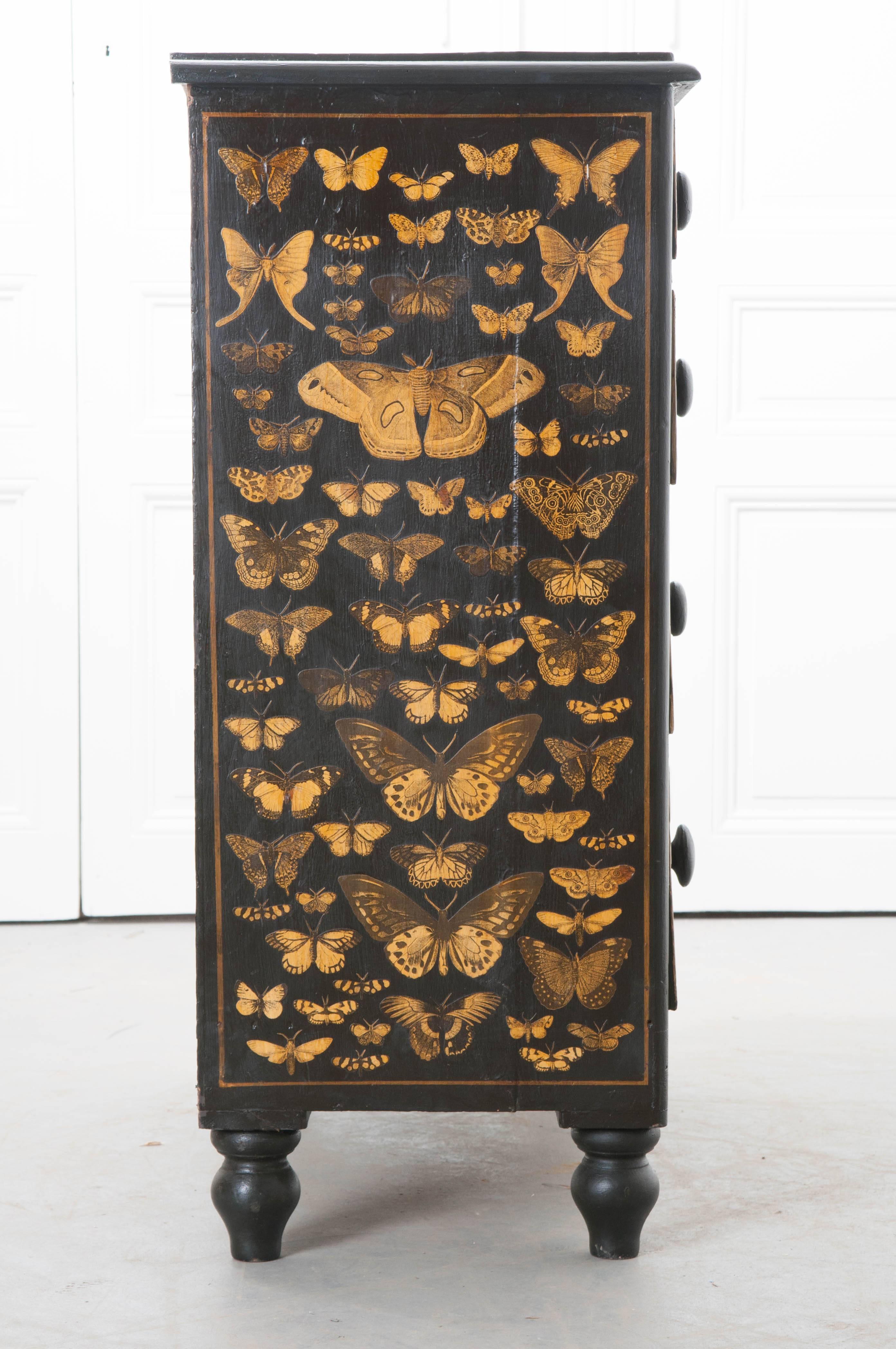 English 19th Century Victorian Decoupage Moth Chest of Drawers