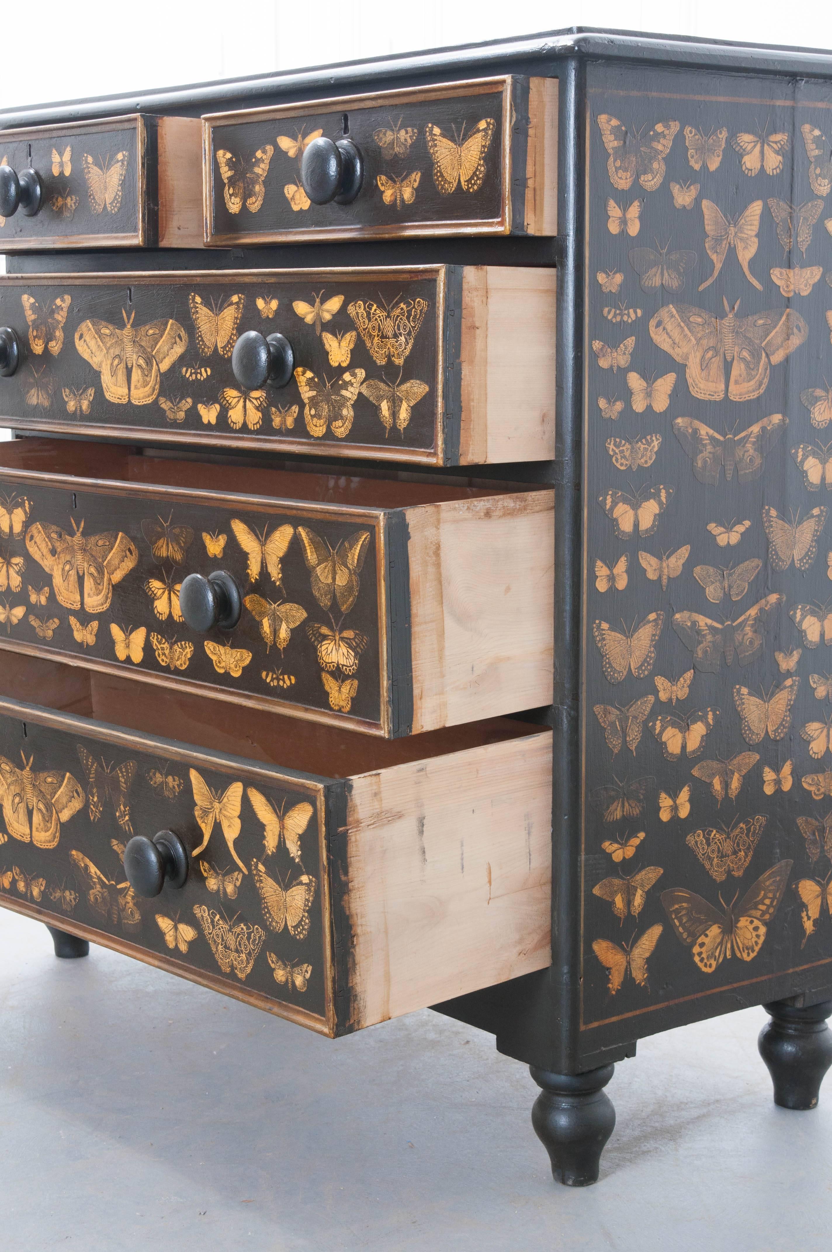 19th Century Victorian Decoupage Moth Chest of Drawers In Good Condition In Baton Rouge, LA
