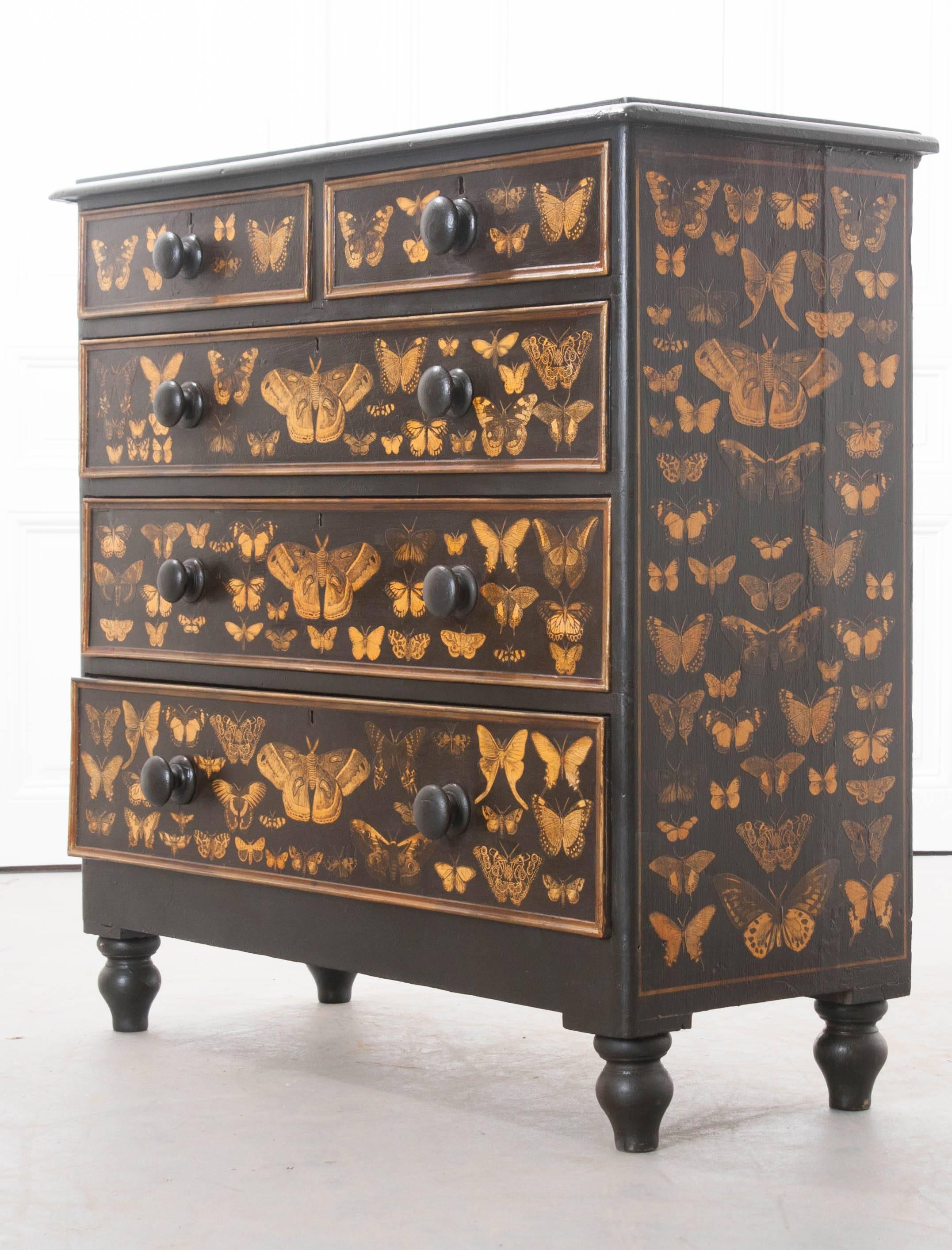Pine 19th Century Victorian Decoupage Moth Chest of Drawers