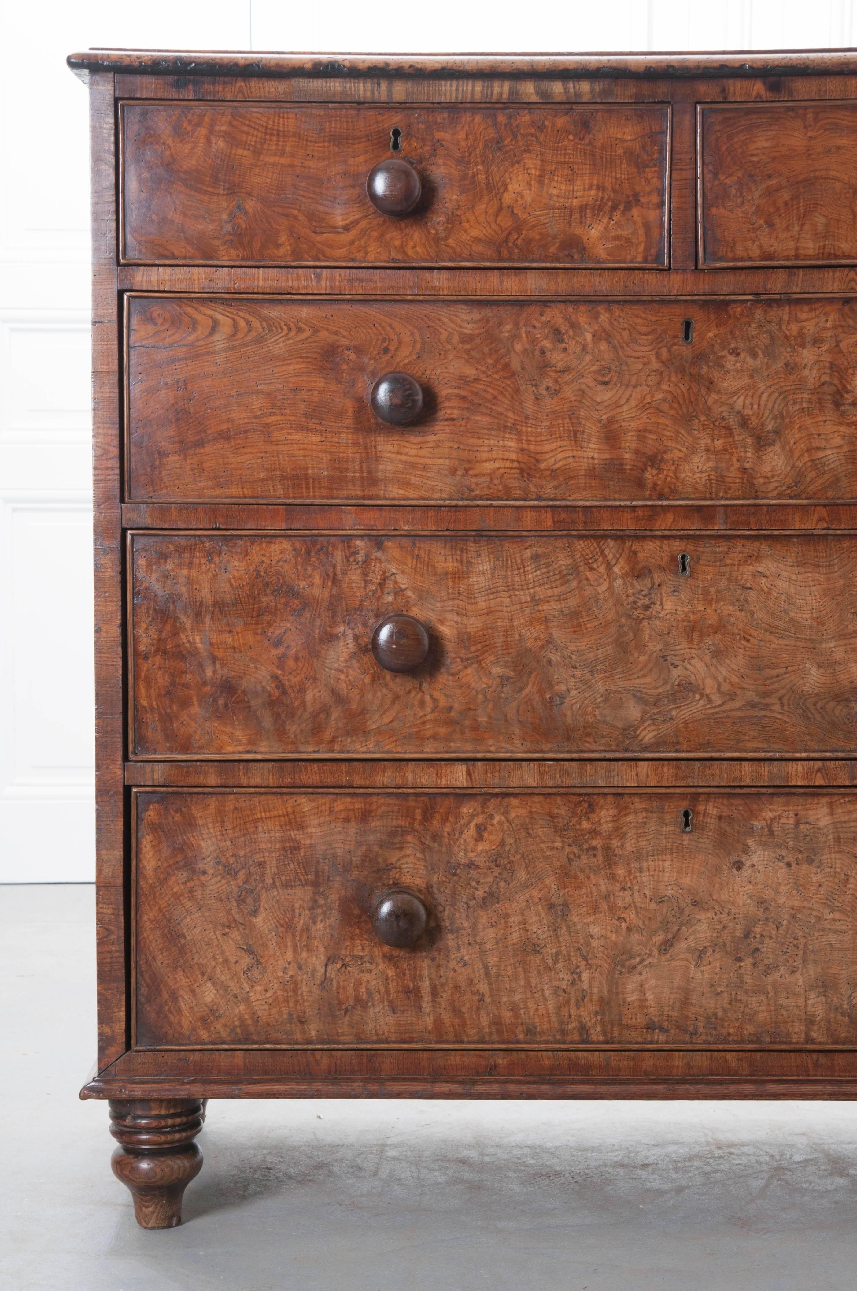 An absolutely stunning five-drawer burl oak chest of drawers from the early part of the 19th century, England. This handsome chest is outfitted with five total drawers: two smaller top drawers, with three larger drawers below that are graduated in