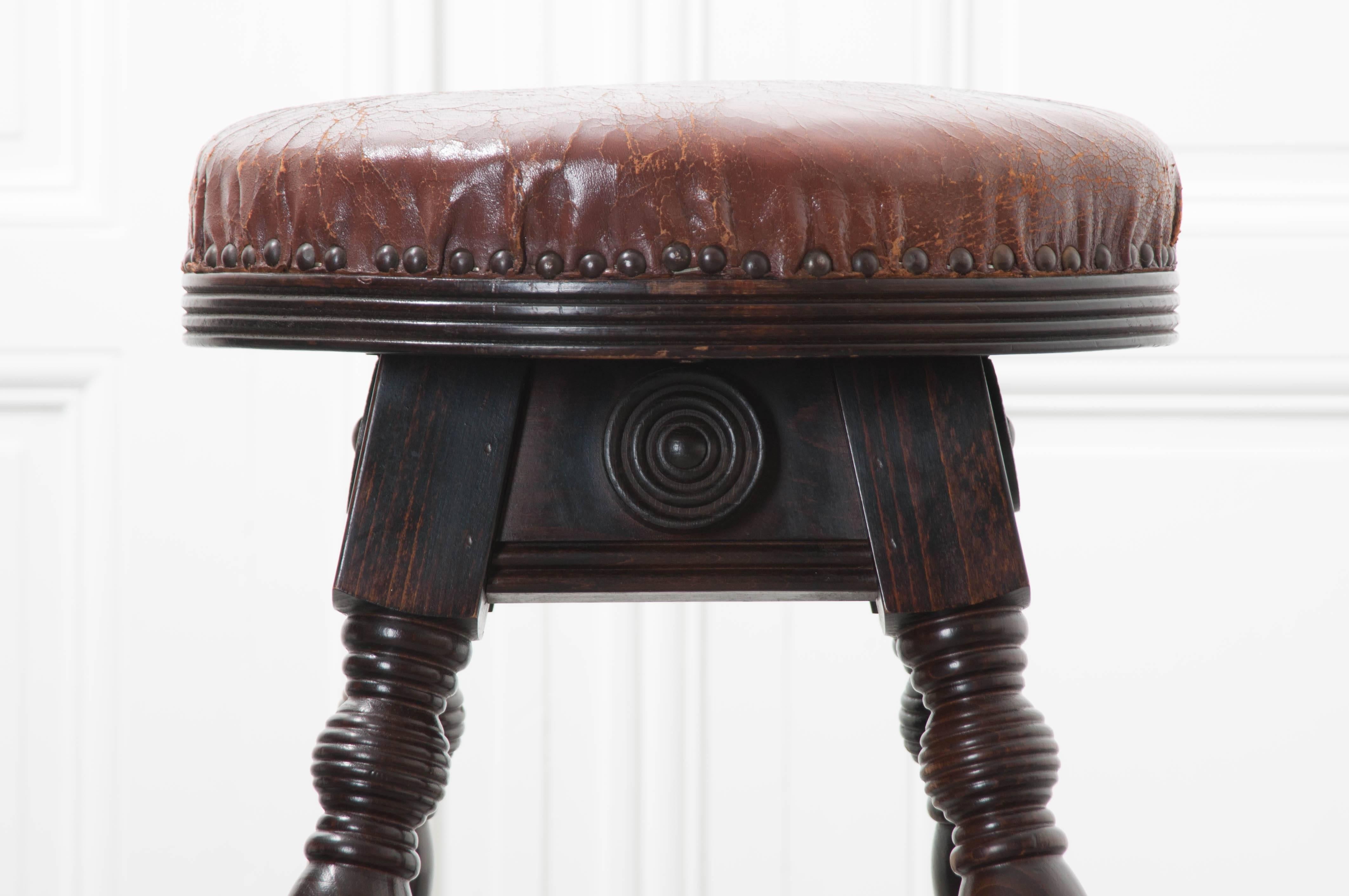 Patinated Pair of Late 19th Century English Oak Leather Top Pub Stools