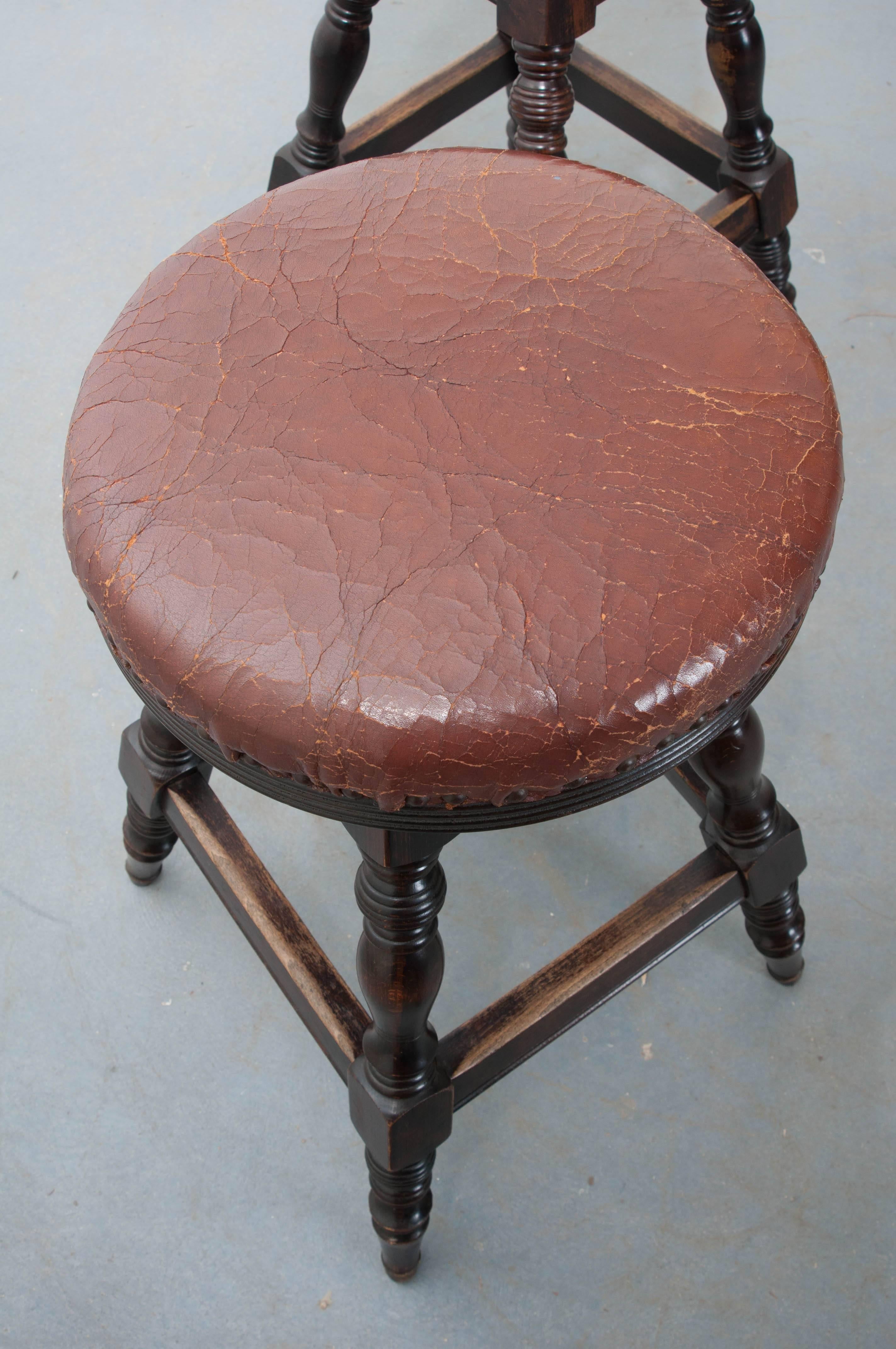 Pair of Late 19th Century English Oak Leather Top Pub Stools 2
