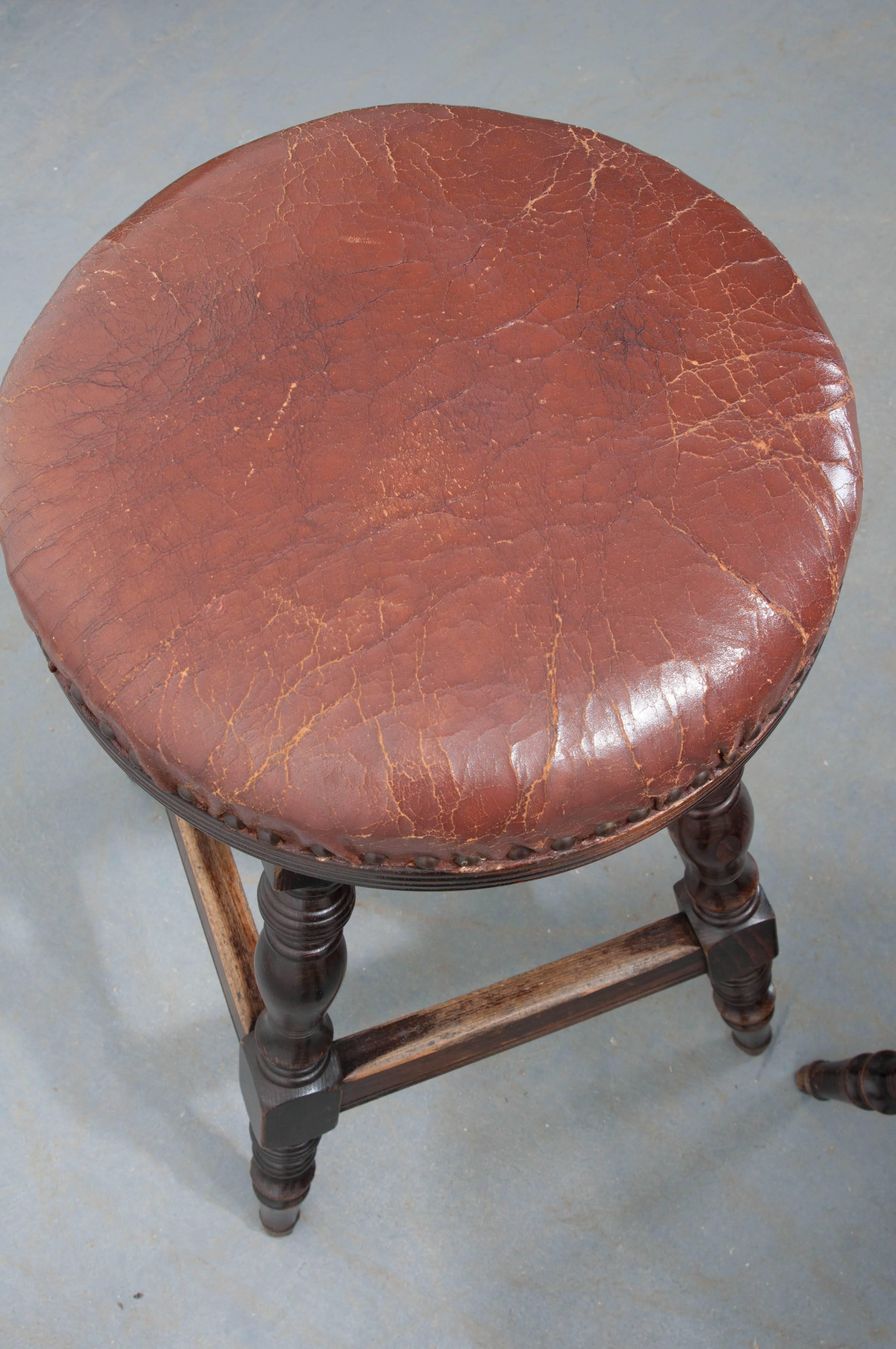 Pair of Late 19th Century English Oak Leather Top Pub Stools 3