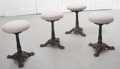 Set of Four French Iron Bistro Stools with Upholstered Seats