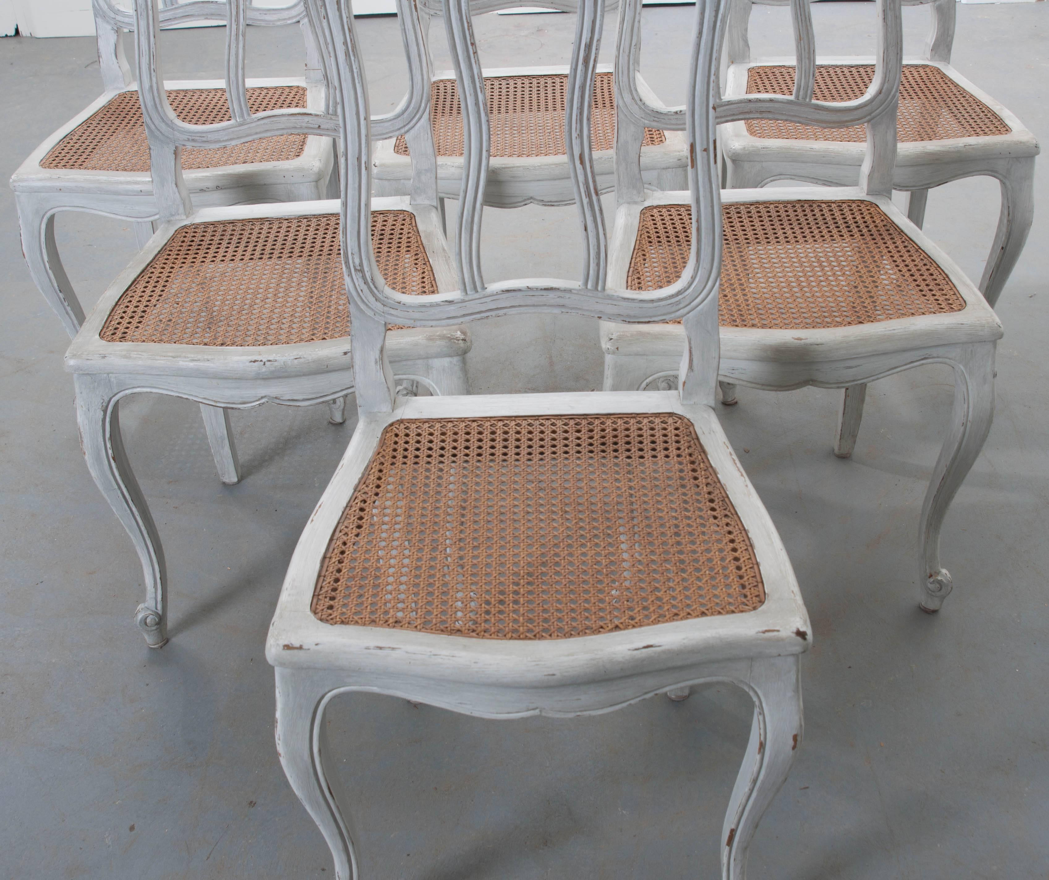 Hand-Painted Set of Six Early 20th Century French Painted Cane Bottom Chairs