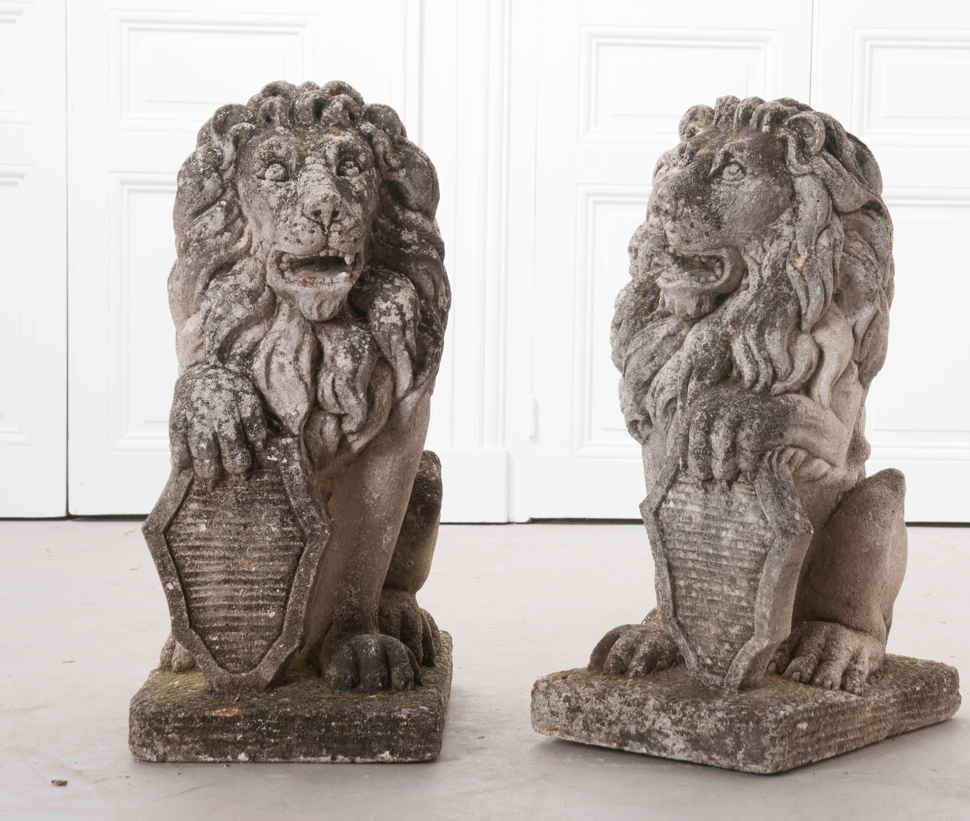 Cast Stone Pair of 19th Century English Stone Lions