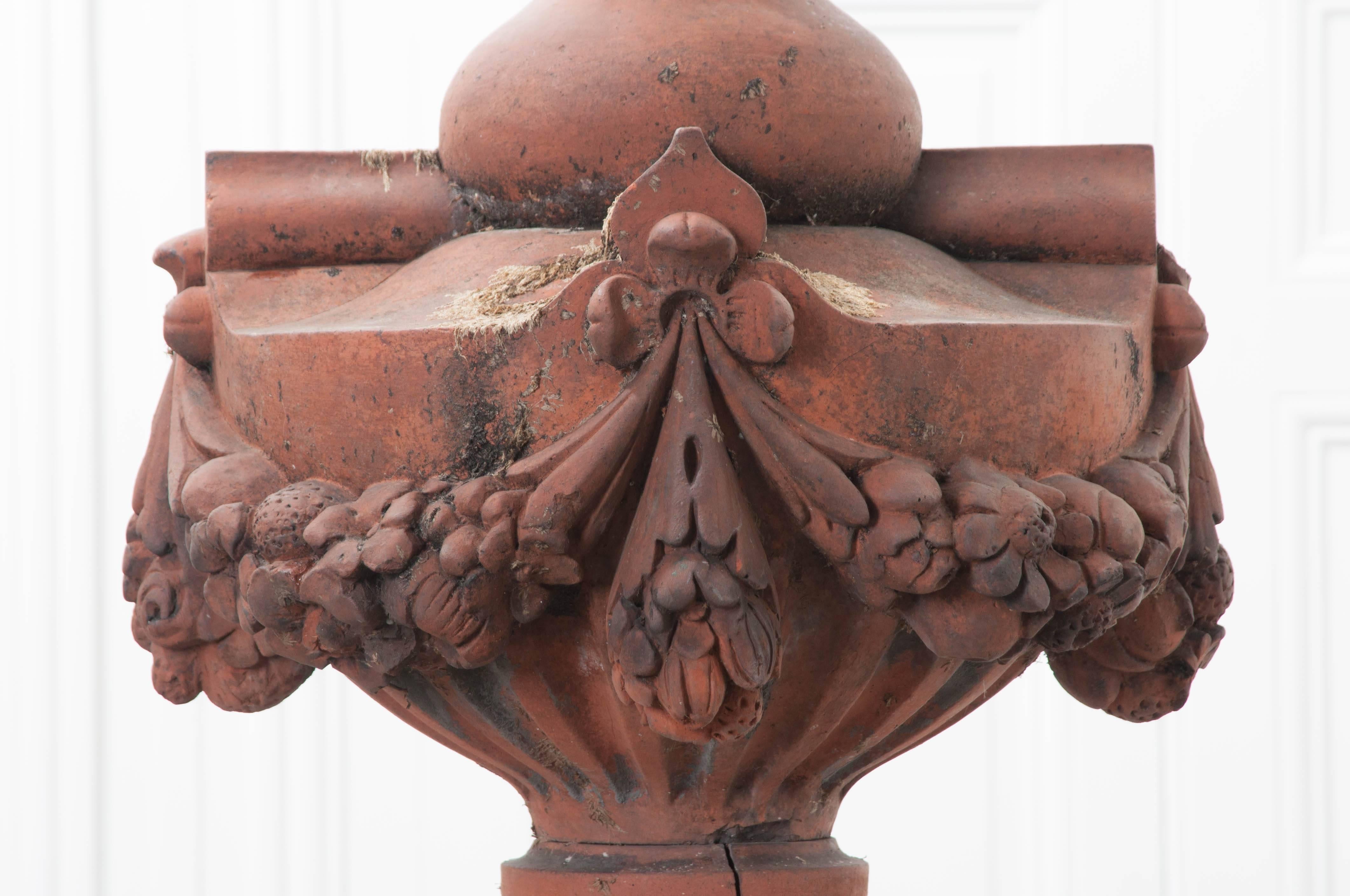 Patinated Pair of French 19th Century Terra Cotta Finials