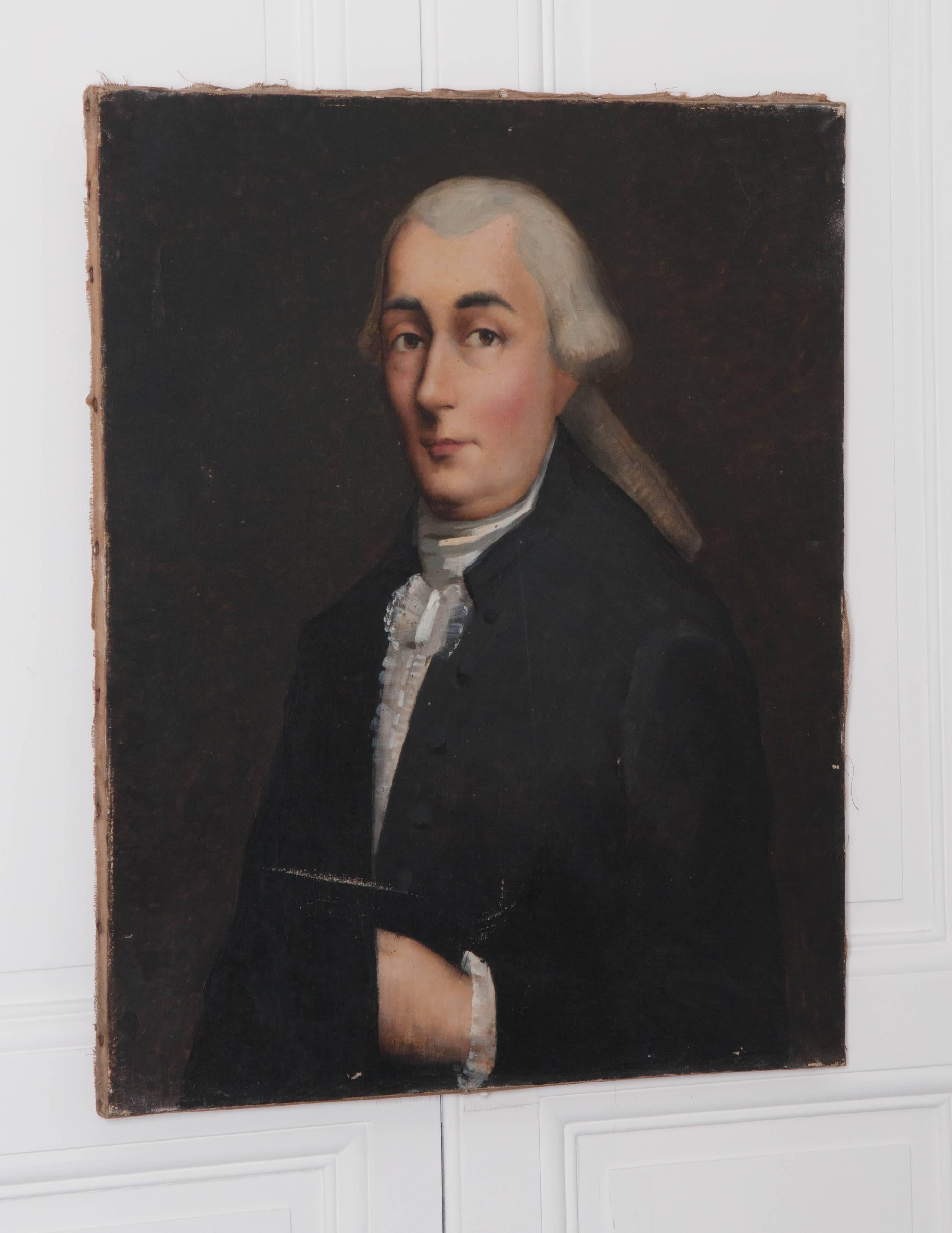 A French portrait of a dapper gentleman wearing a powdered wig from the end of the 19th century. A sly smile is all the emotion you get from this reserved, stoic fellow. Antique portraits are a must for a well-executed gallery wall and this work