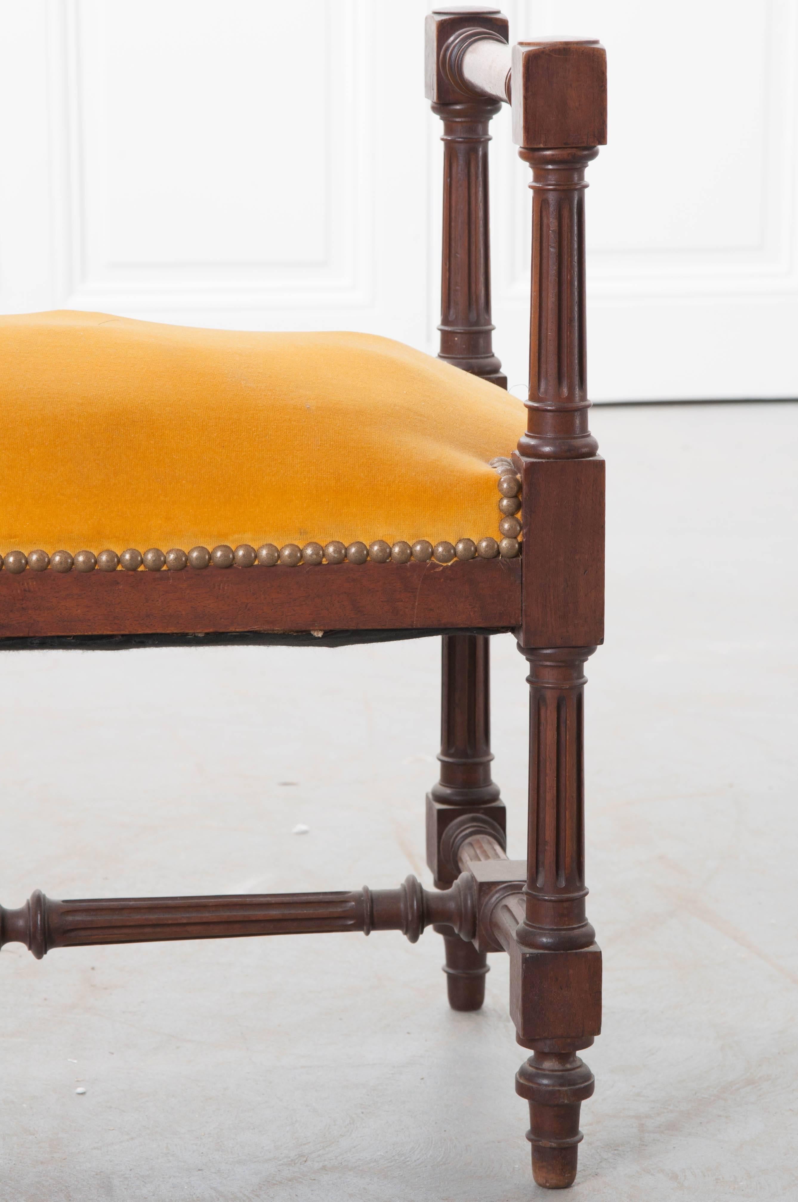 Turned French 19th Century Mahogany Louis XVI Style Upholstered Stool