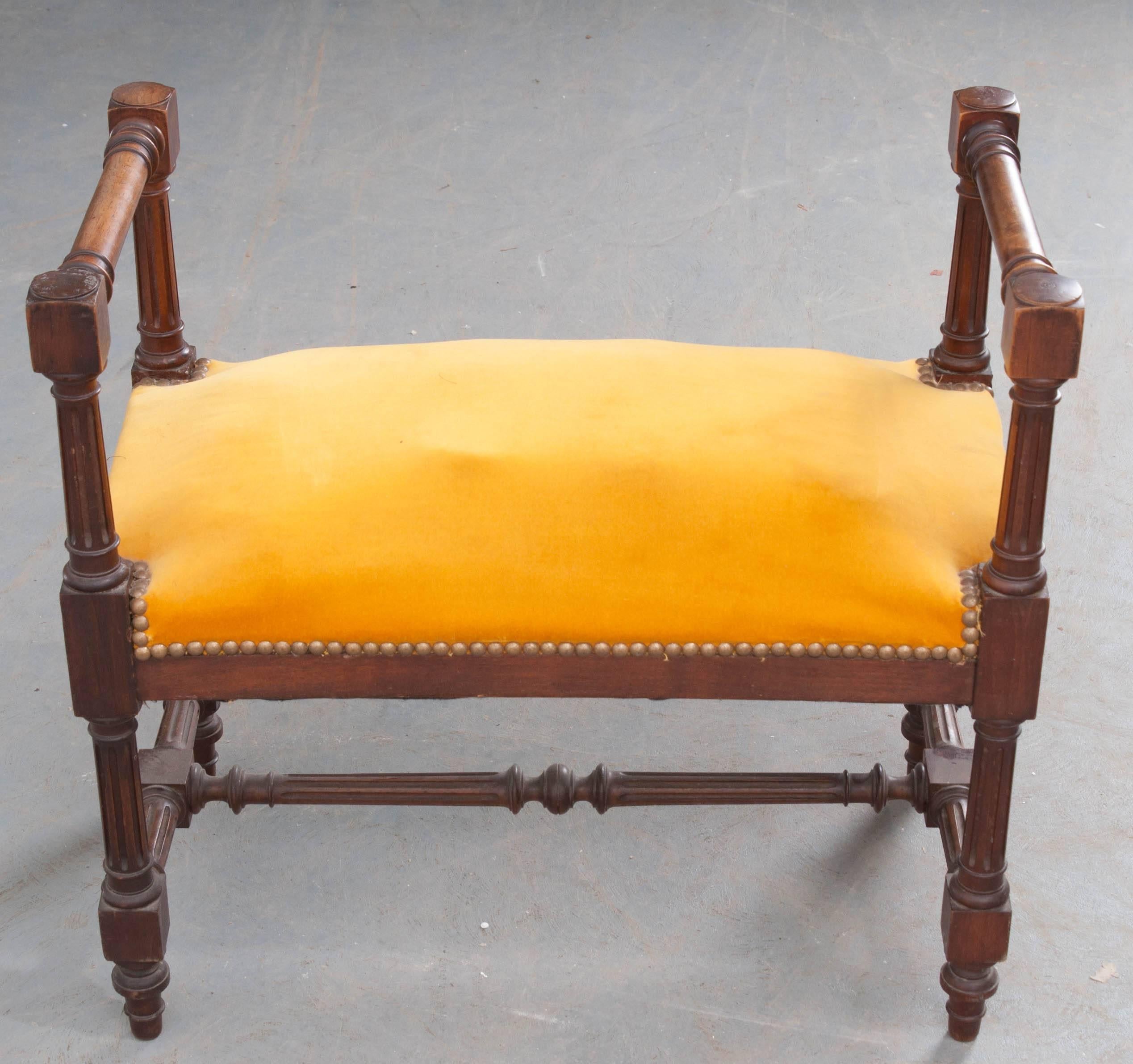 Velvet French 19th Century Mahogany Louis XVI Style Upholstered Stool