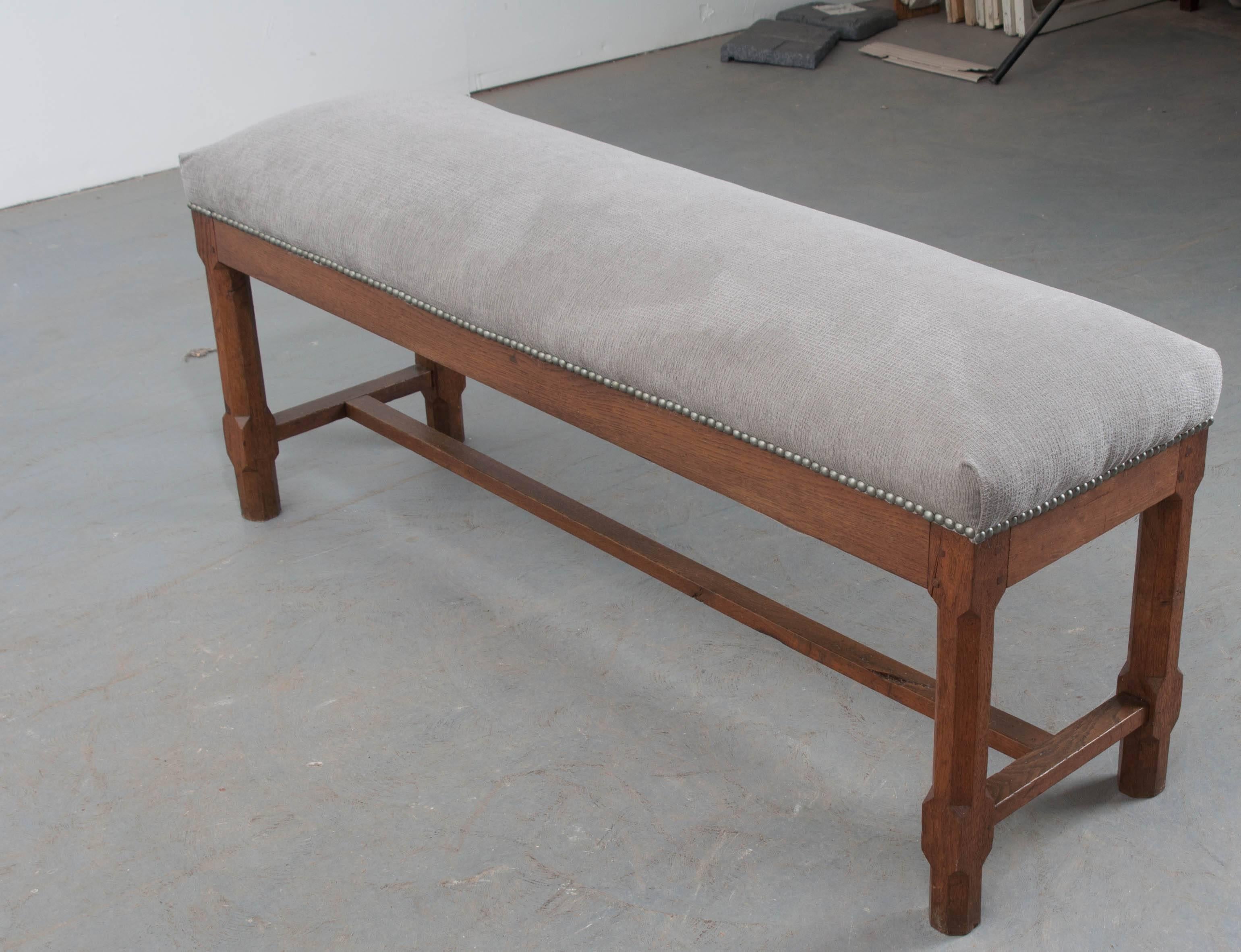 French 19th Century Upholstered Oak Bench 2