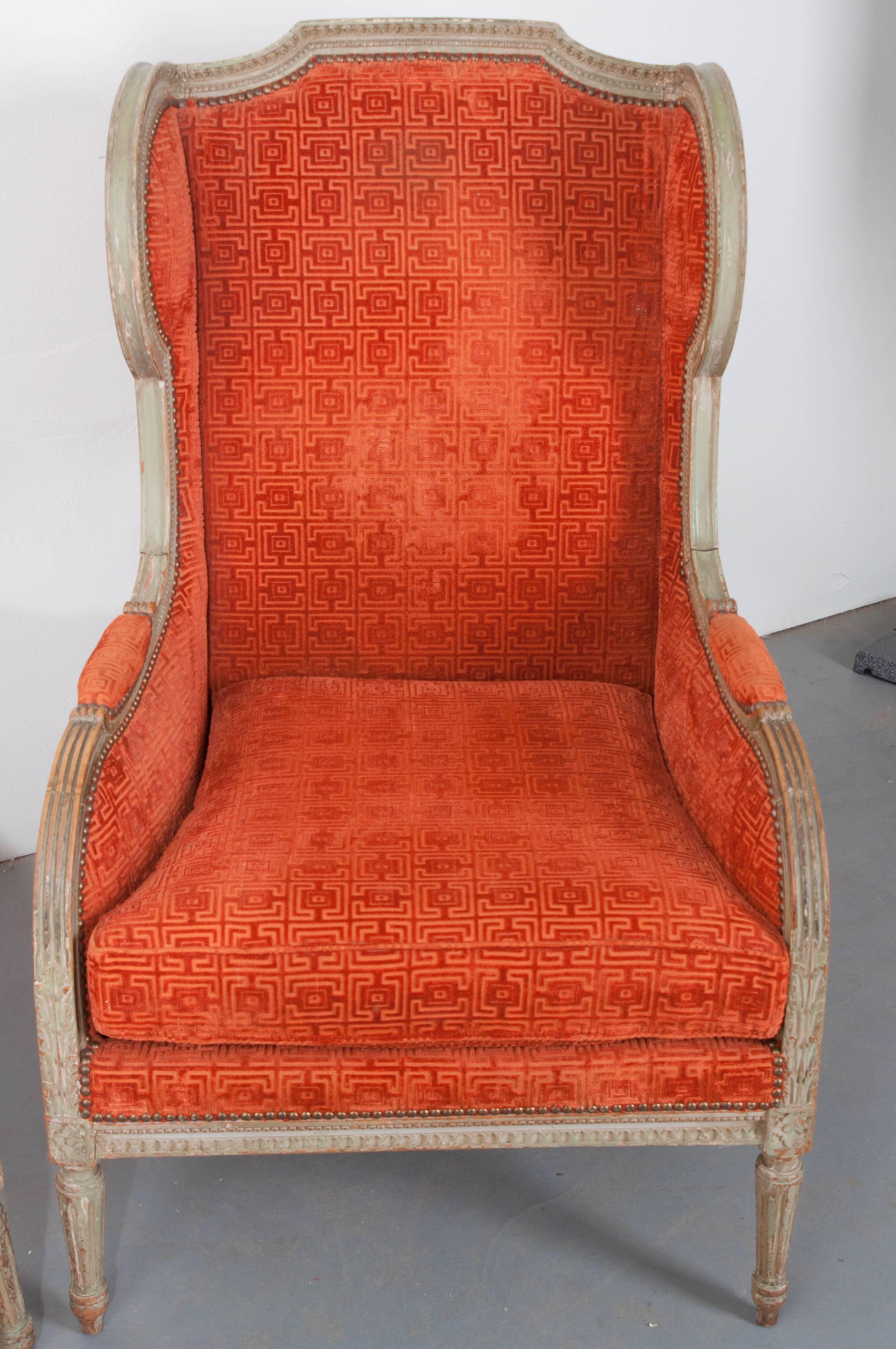 Hand-Carved Pair of French 19th Century Louis XVI Wingback Bergères
