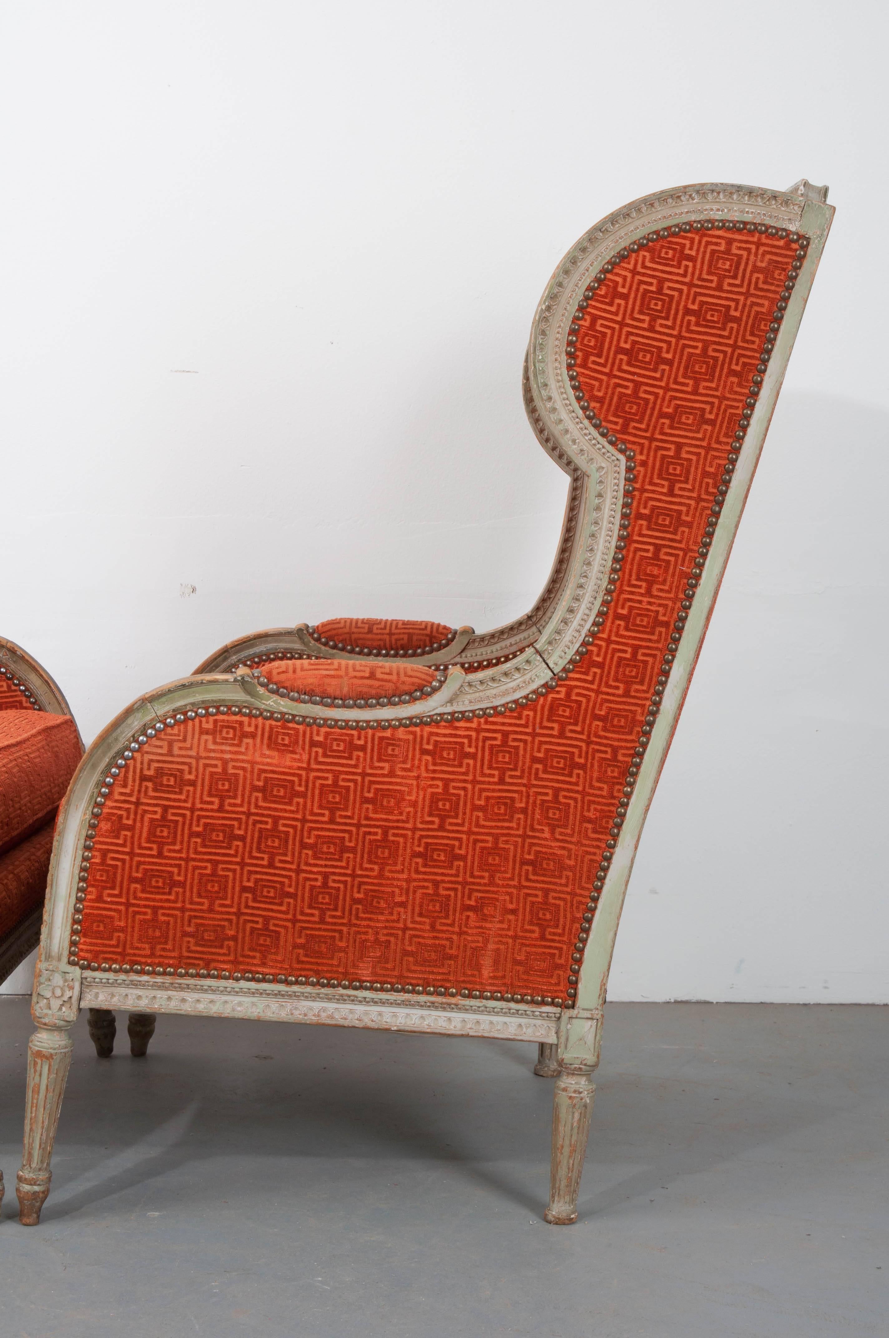 Pair of French 19th Century Louis XVI Wingback Bergères 1