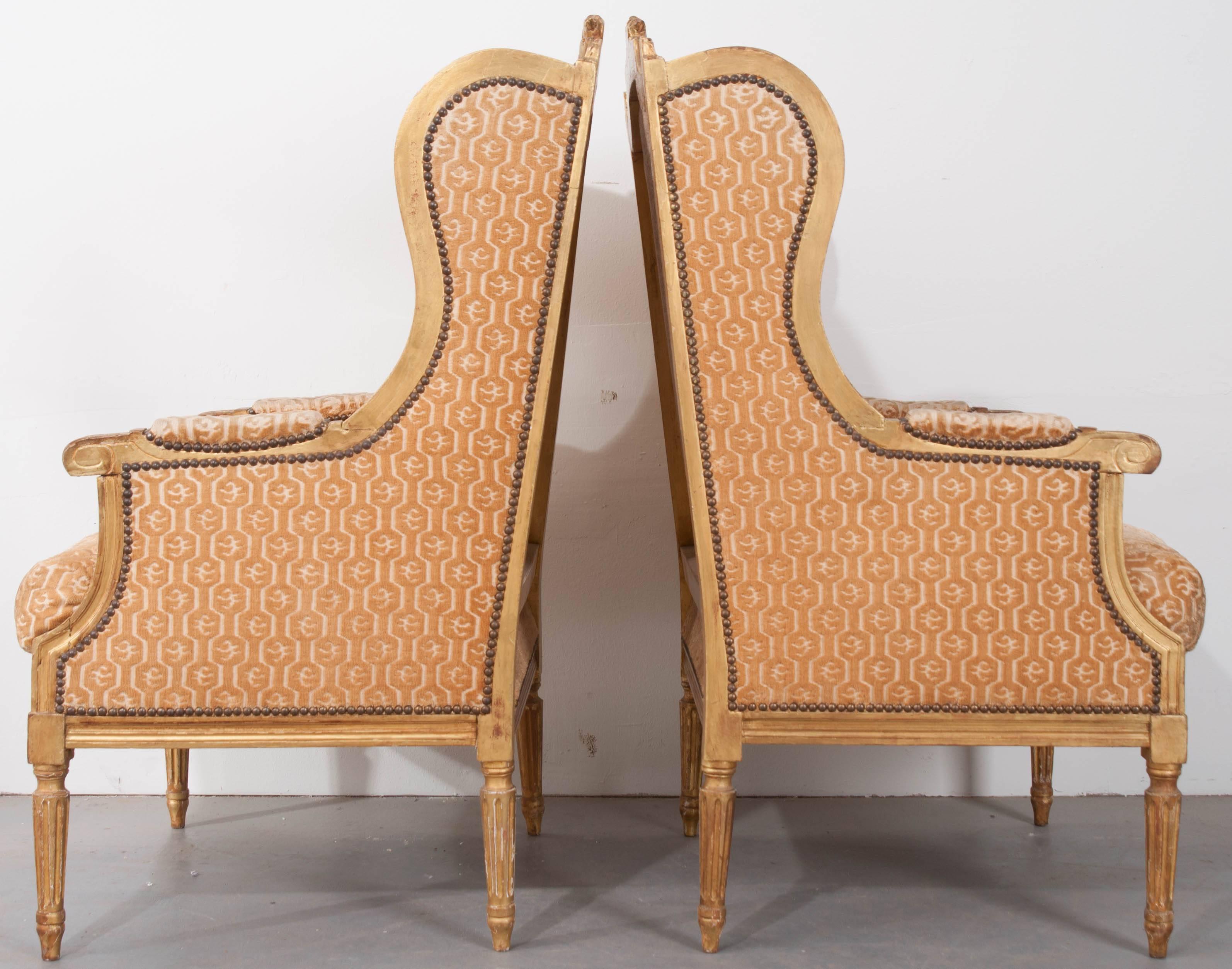 Pair of French 19th Century Louis XVI Gold Gilt Wingback Bergères 5