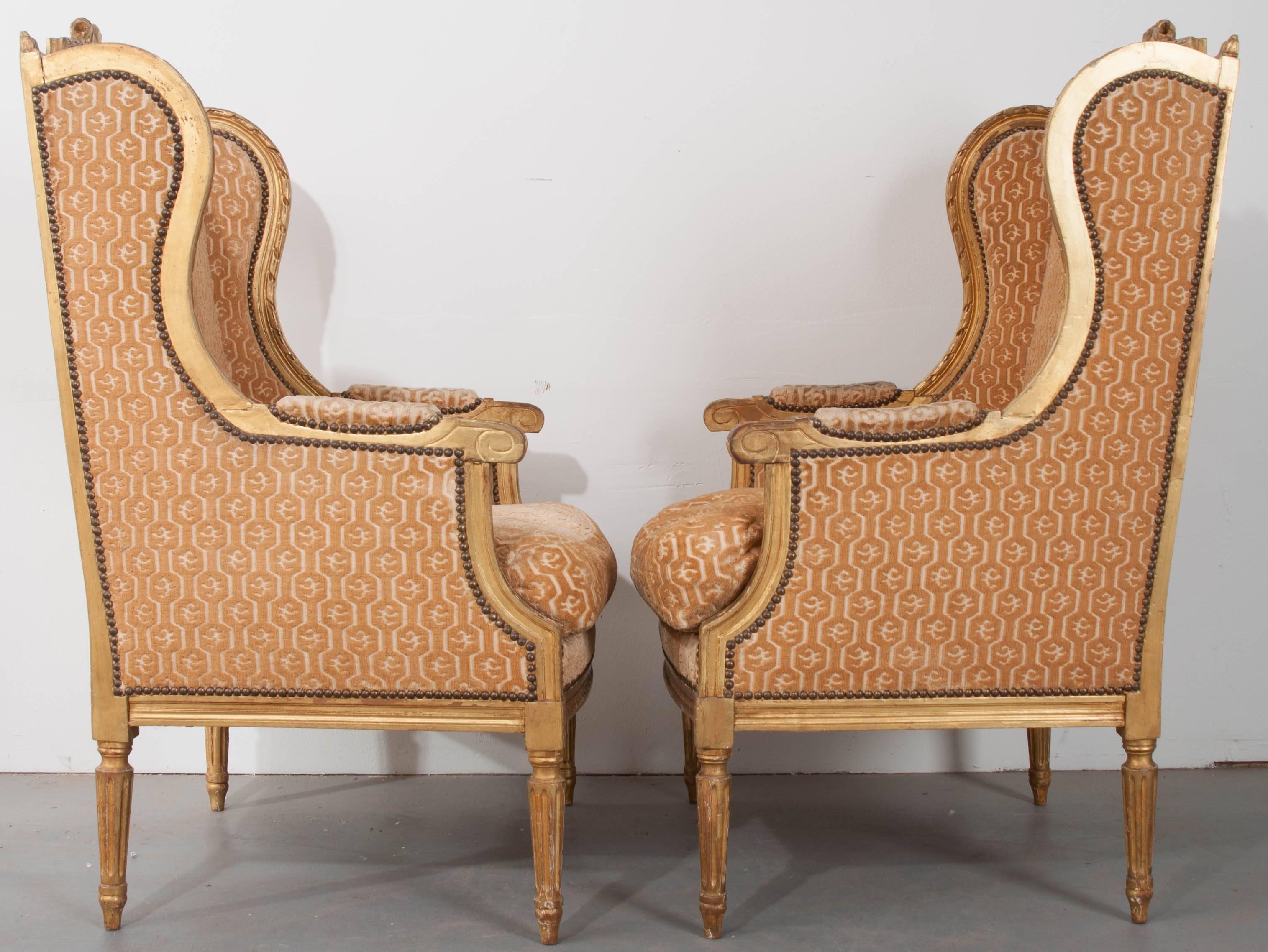 Pair of French 19th Century Louis XVI Gold Gilt Wingback Bergères 4