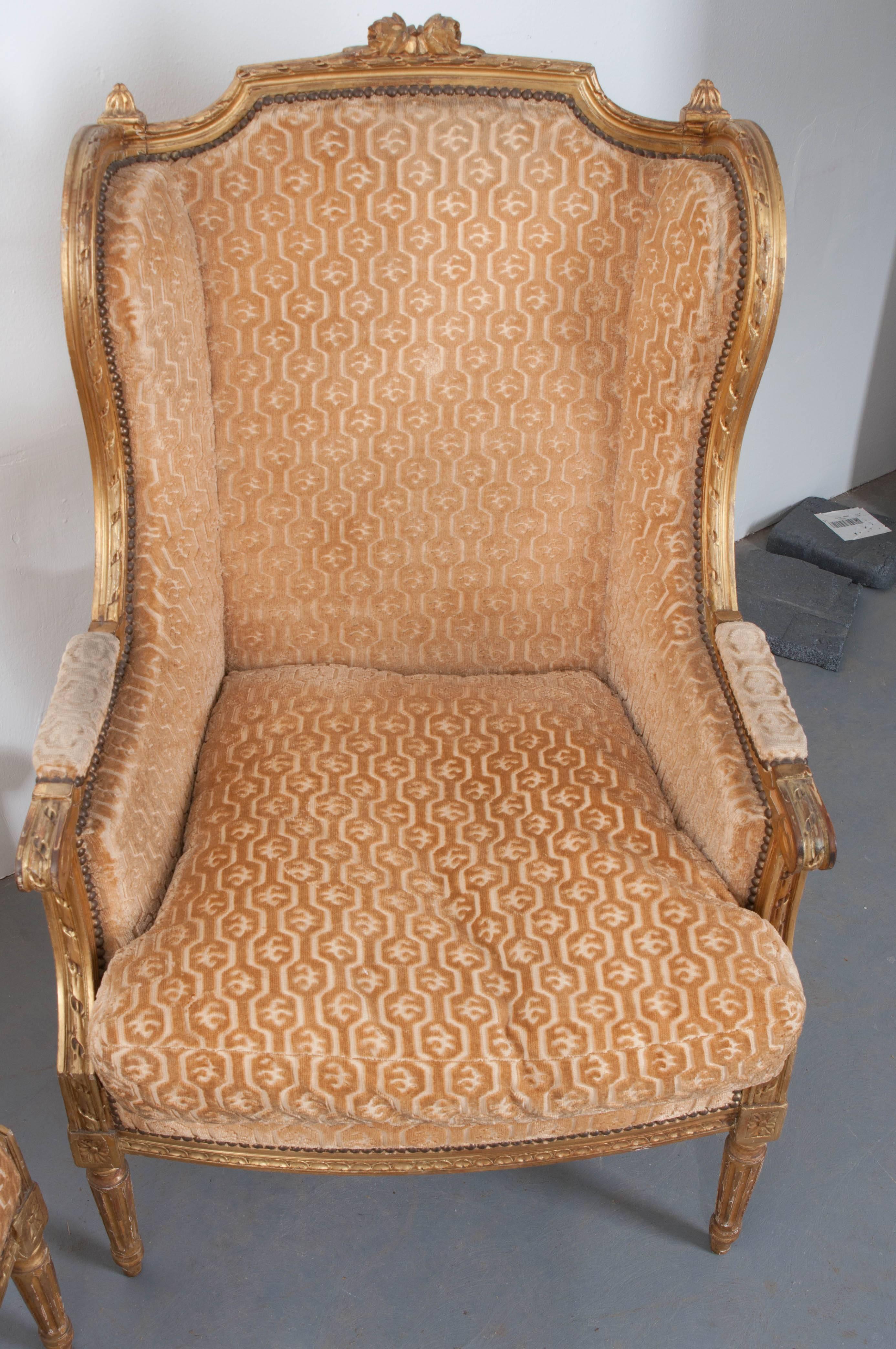 Pair of French 19th Century Louis XVI Gold Gilt Wingback Bergères 3