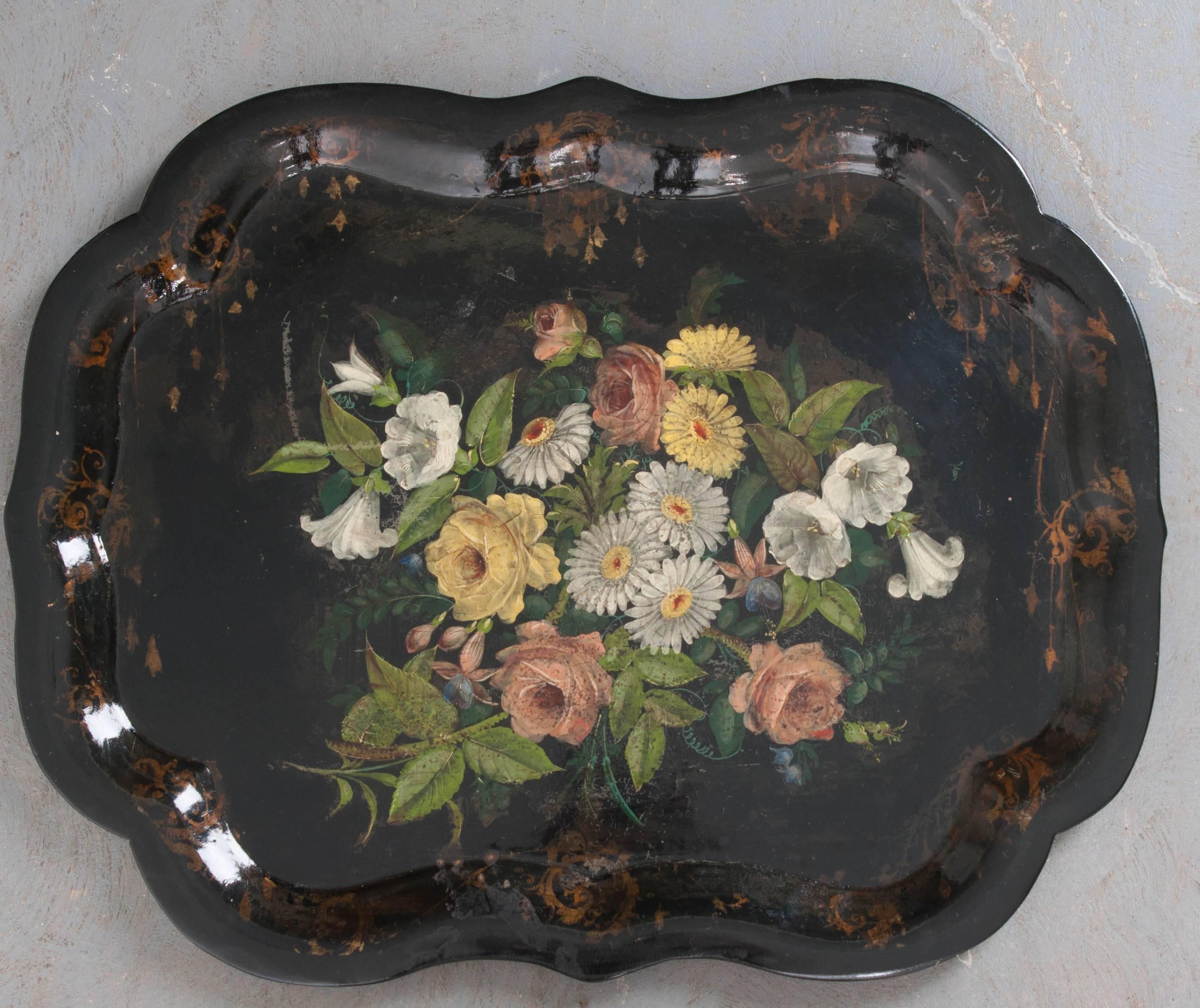 A gorgeous English Papier Mâché gilt and polychrome tray with hand-painted floral motifs, circa 1850.
