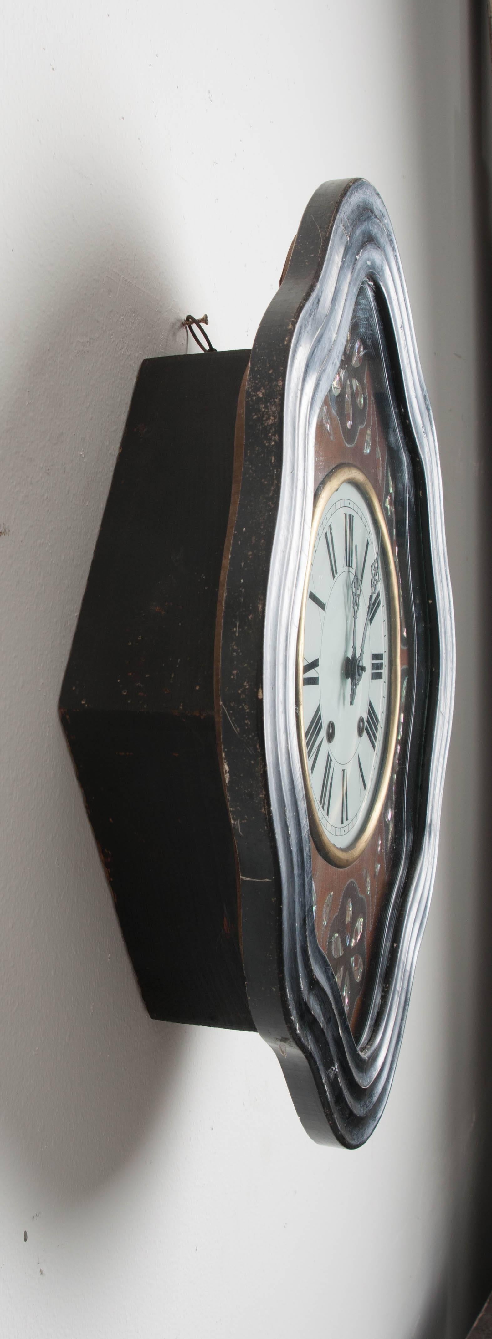Hardwood French 19th Century Napoleon III Mother-of-Pearl Inlay Wall Clock For Sale