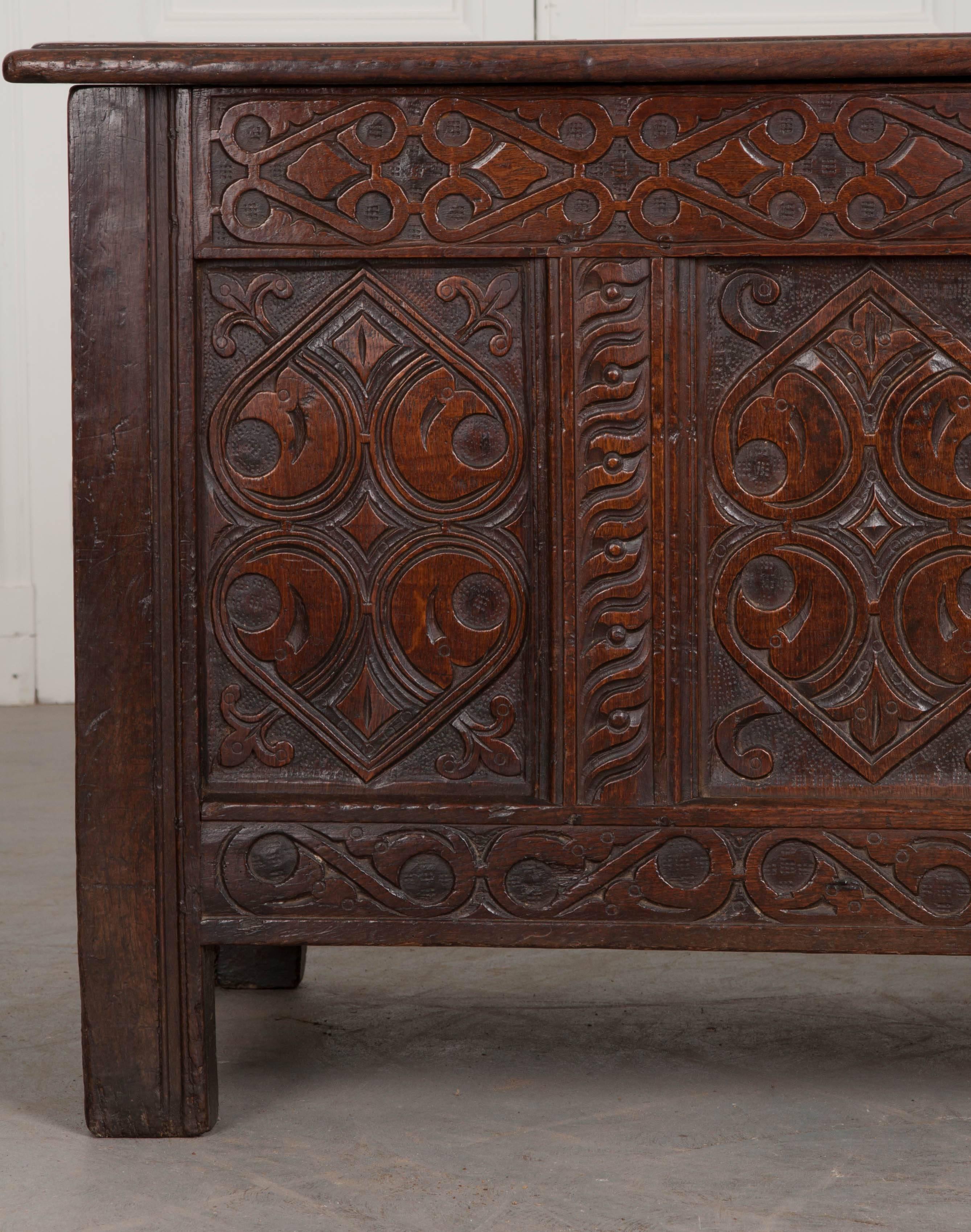 Hand-Carved English Late 18th Century Carved Oak Coffer