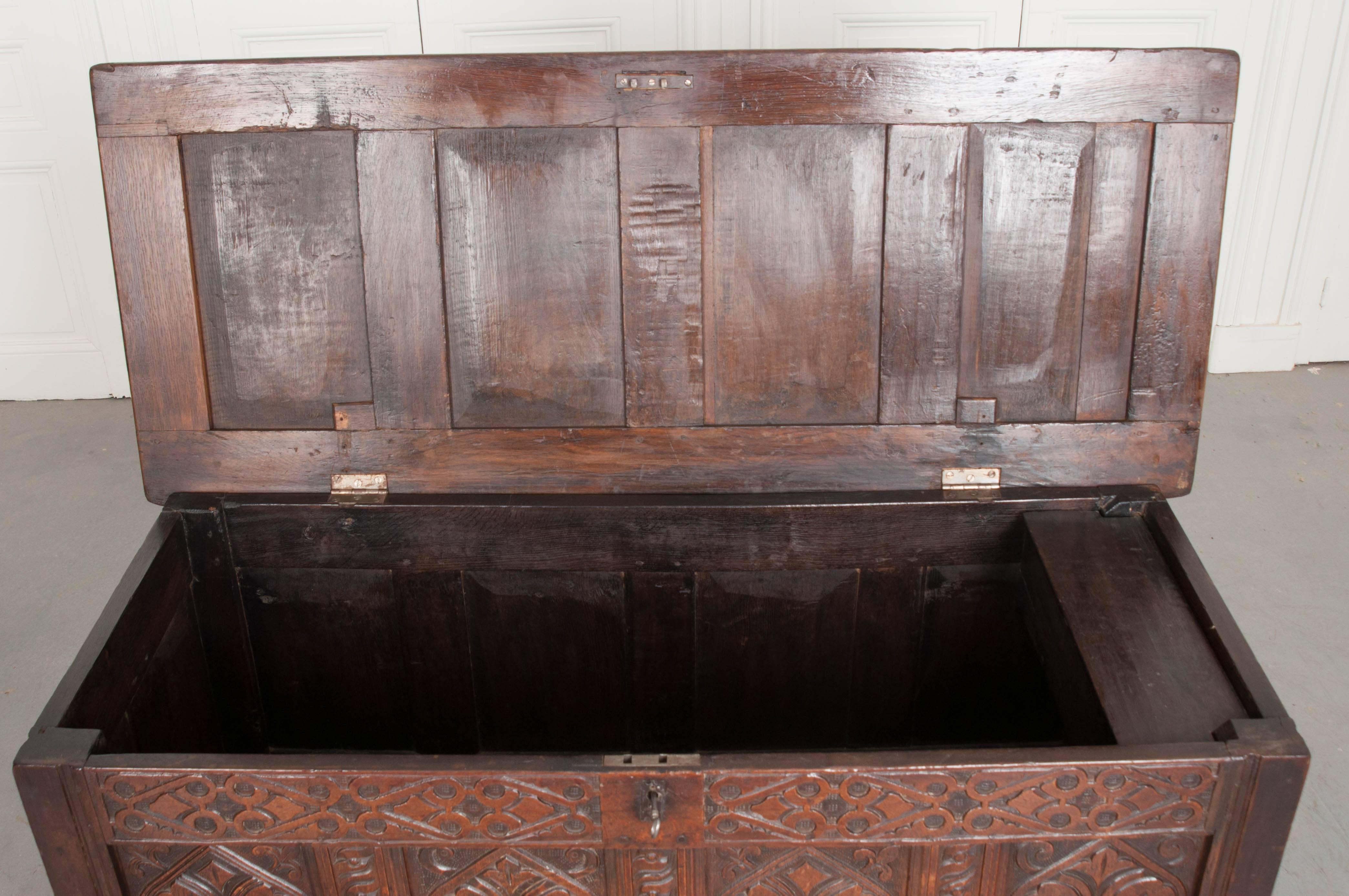 18th Century and Earlier English Late 18th Century Carved Oak Coffer